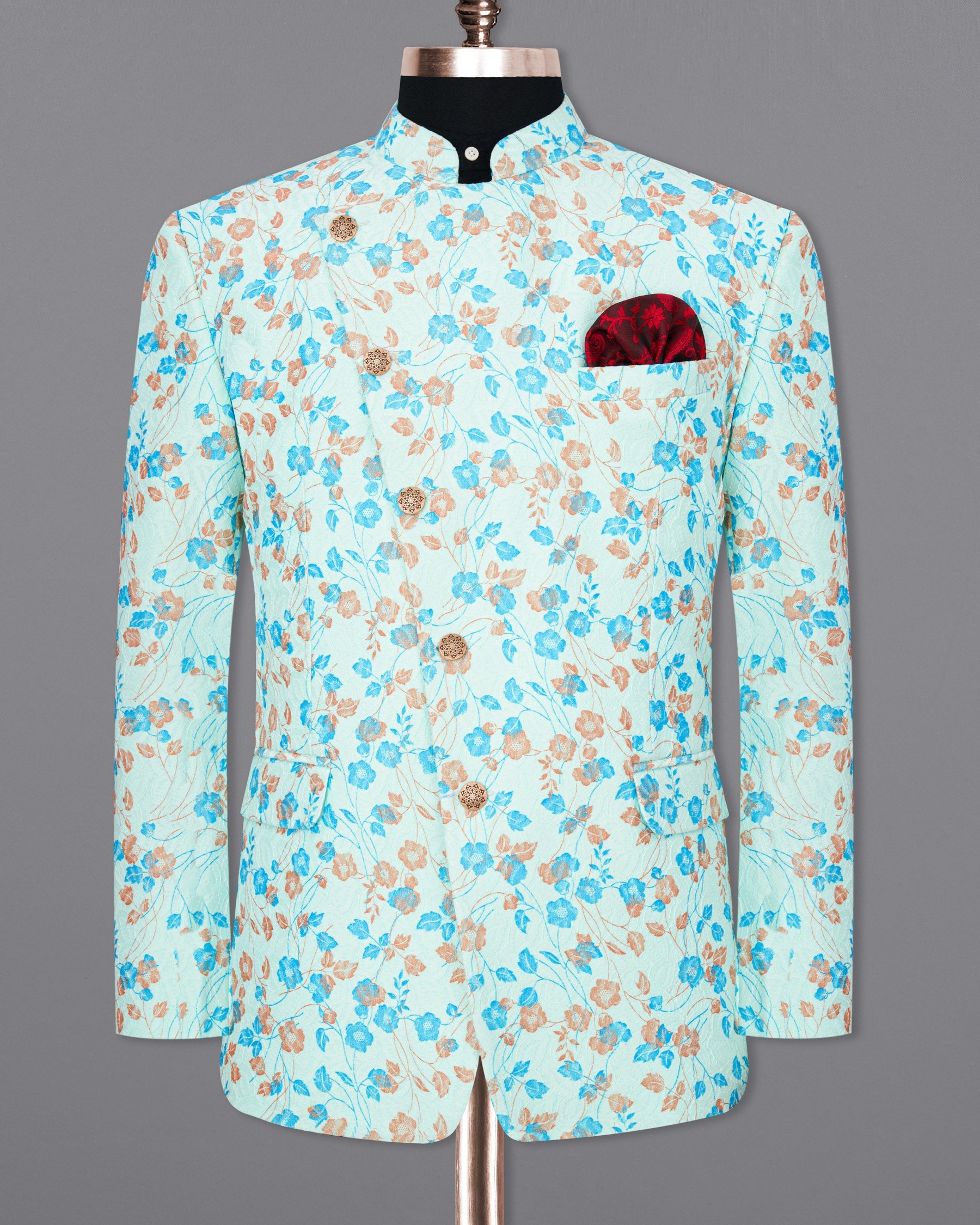 Mint Tulip and Tiffany Blue Floral Printed Cross-Button Bandhgala Designer Blazer BL1818-CBG-36, BL1818-CBG-38, BL1818-CBG-40, BL1818-CBG-42, BL1818-CBG-44, BL1818-CBG-46, BL1818-CBG-48, BL1818-CBG-50, BL1818-CBG-52, BL1818-CBG-54, BL1818-CBG-56, BL1818-CBG-58, BL1818-CBG-60