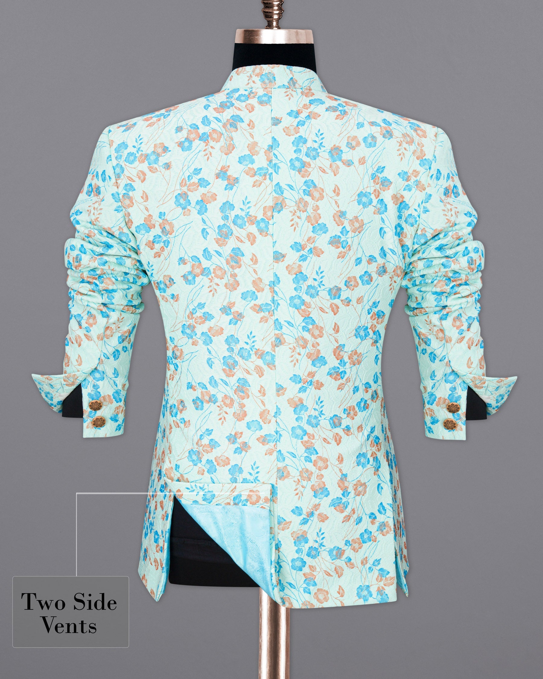 Mint Tulip and Tiffany Blue Floral Printed Cross-Button Bandhgala Designer Blazer BL1818-CBG-36, BL1818-CBG-38, BL1818-CBG-40, BL1818-CBG-42, BL1818-CBG-44, BL1818-CBG-46, BL1818-CBG-48, BL1818-CBG-50, BL1818-CBG-52, BL1818-CBG-54, BL1818-CBG-56, BL1818-CBG-58, BL1818-CBG-60