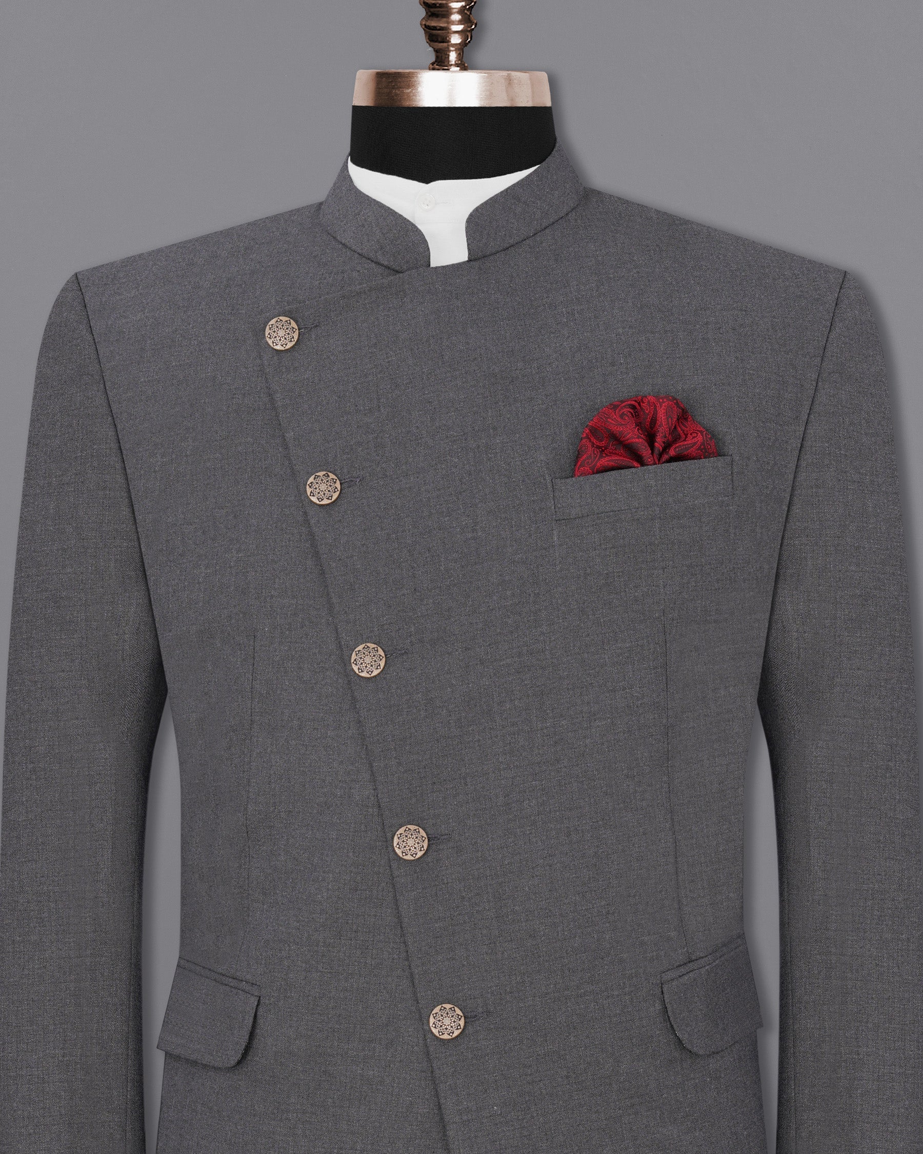 Vampire Gray Cross Buttoned Bandhgala Blazer BL1903-CBG-36,BL1903-CBG-38,BL1903-CBG-40,BL1903-CBG-42,BL1903-CBG-44,BL1903-CBG-46,BL1903-CBG-48,BL1903-CBG-50,BL1903-CBG-52,BL1903-CBG-54,BL1903-CBG-56,BL1903-CBG-58,BL1903-CBG-60