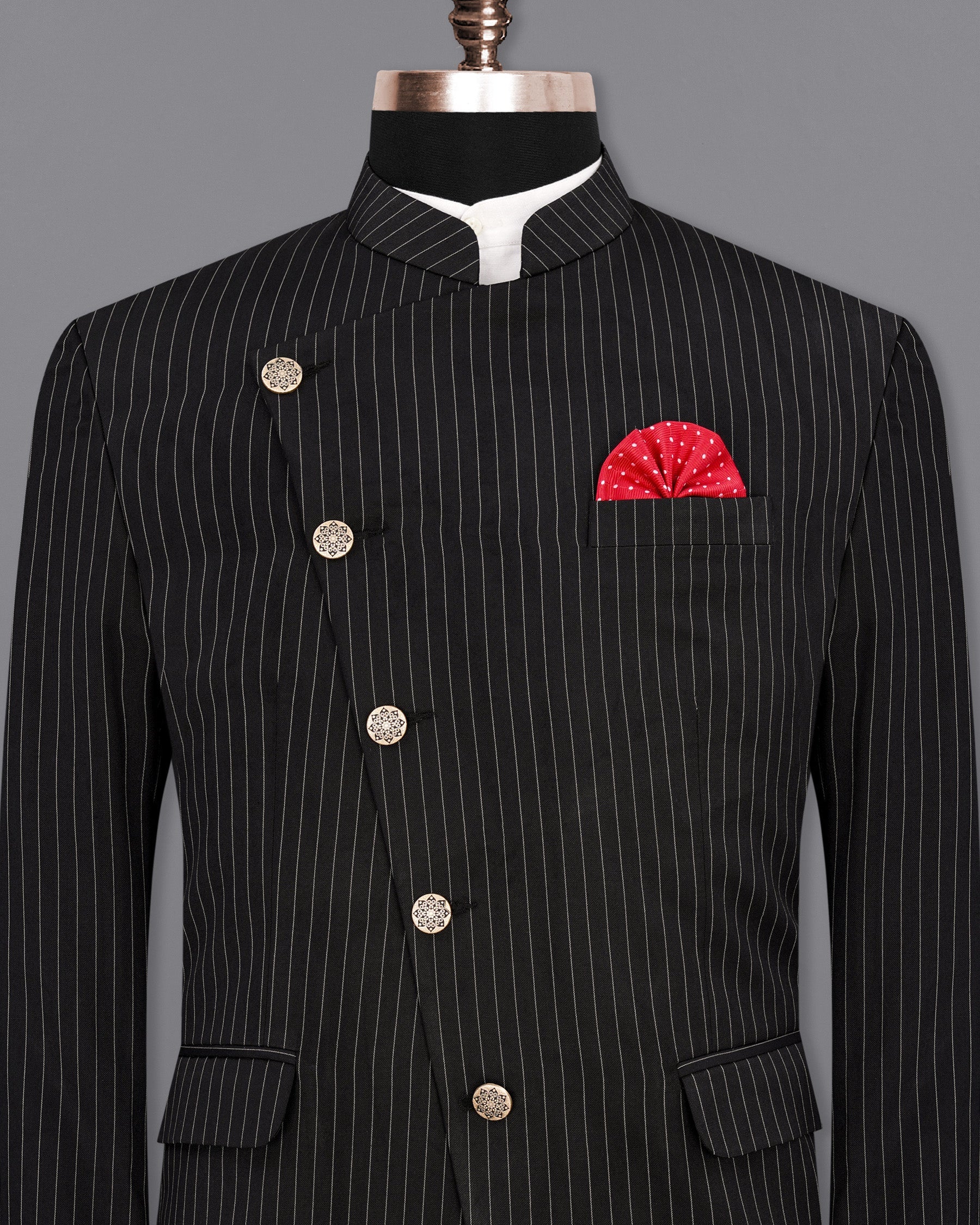 Jade Black Striped Cross Buttoned Bandhgala Blazer BL1908-CBG-36,BL1908-CBG-38,BL1908-CBG-40,BL1908-CBG-42,BL1908-CBG-44,BL1908-CBG-46,BL1908-CBG-48,BL1908-CBG-50,BL1908-CBG-52,BL1908-CBG-54,BL1908-CBG-56,BL1908-CBG-58,BL1908-CBG-60