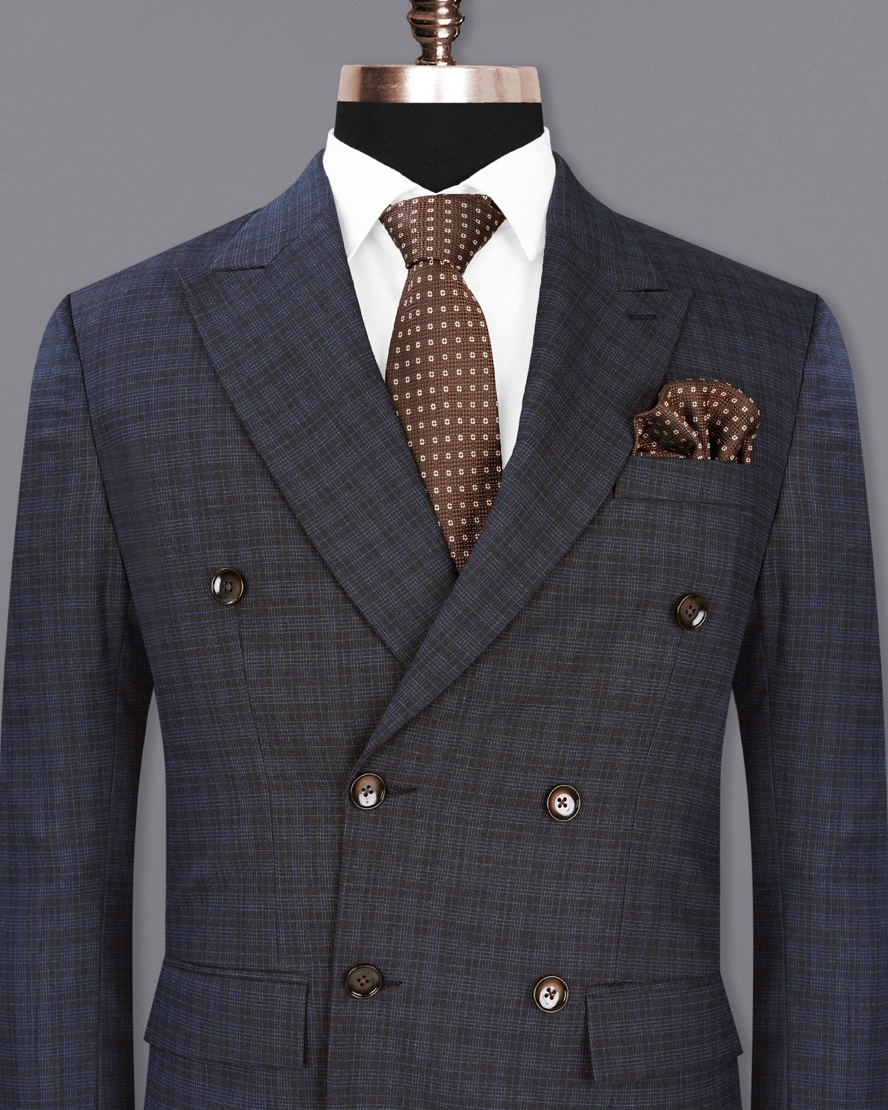 Ebony Clay Gray and Metallic Blue Plaid Double-Breasted Blazer BL1939-DB-36,BL1939-DB-38,BL1939-DB-40,BL1939-DB-42,BL1939-DB-44,BL1939-DB-46,BL1939-DB-48,BL1939-DB-50,BL1939-DB-52,BL1939-DB-54,BL1939-DB-56,BL1939-DB-58,BL1939-DB-60
