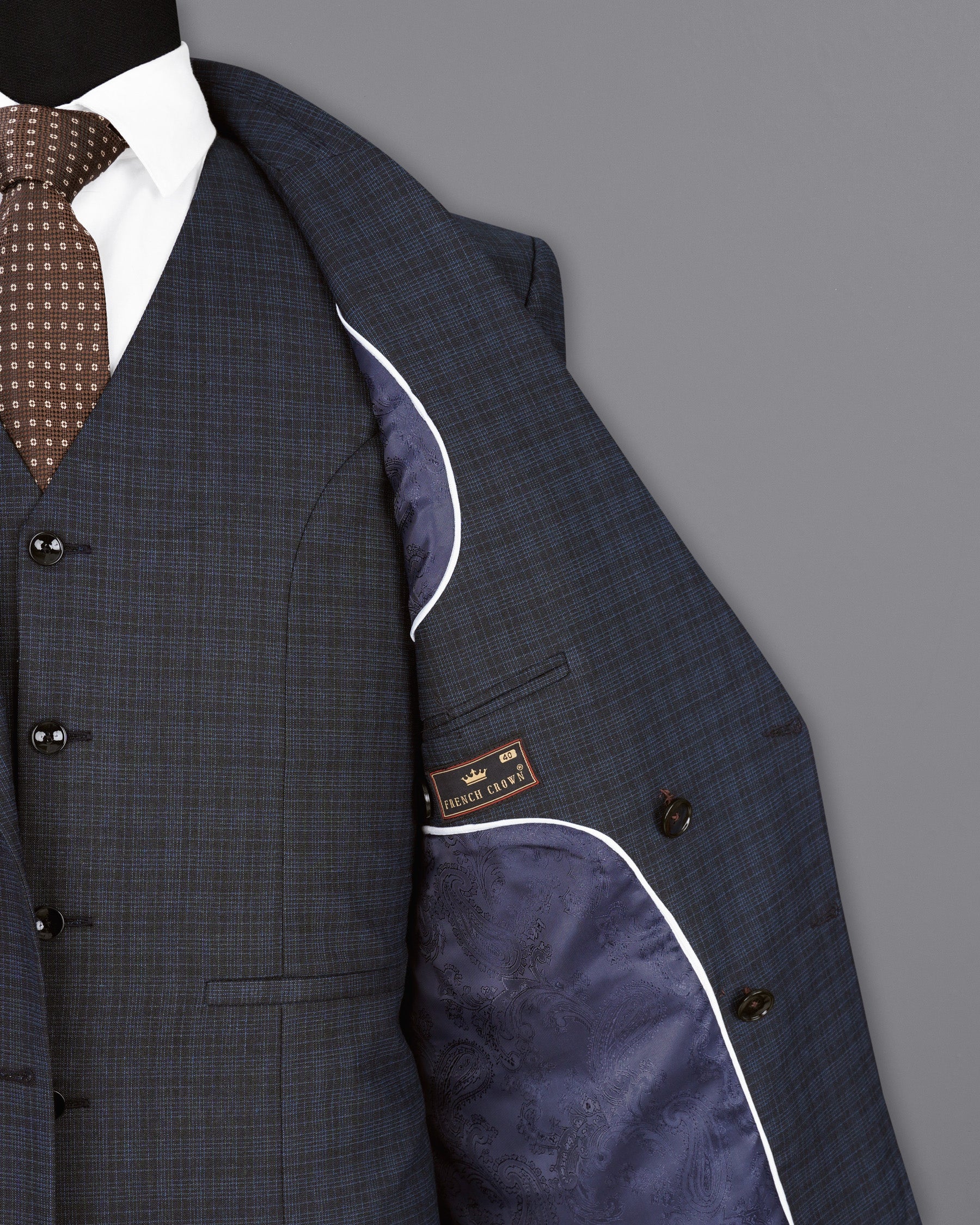 Ebony Clay Gray and Metallic Blue Plaid Double-Breasted Blazer BL1939-DB-36,BL1939-DB-38,BL1939-DB-40,BL1939-DB-42,BL1939-DB-44,BL1939-DB-46,BL1939-DB-48,BL1939-DB-50,BL1939-DB-52,BL1939-DB-54,BL1939-DB-56,BL1939-DB-58,BL1939-DB-60