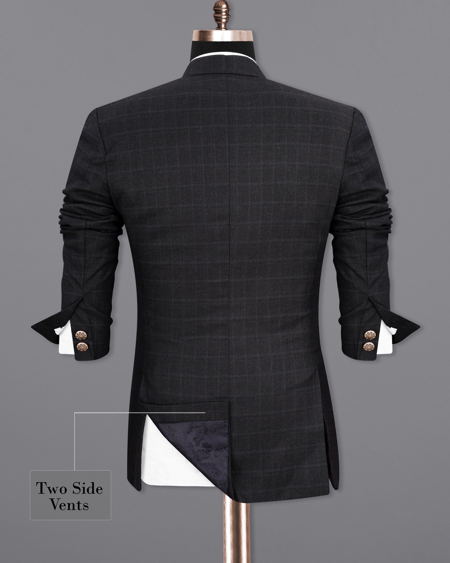 Shark Gray Plaid Cross-Buttoned Bandhgala Blazer BL1946-CBG-36,BL1946-CBG-38,BL1946-CBG-40,BL1946-CBG-42,BL1946-CBG-44,BL1946-CBG-46,BL1946-CBG-48,BL1946-CBG-50,BL1946-CBG-52,BL1946-CBG-54,BL1946-CBG-56,BL1946-CBG-58,BL1946-CBG-60