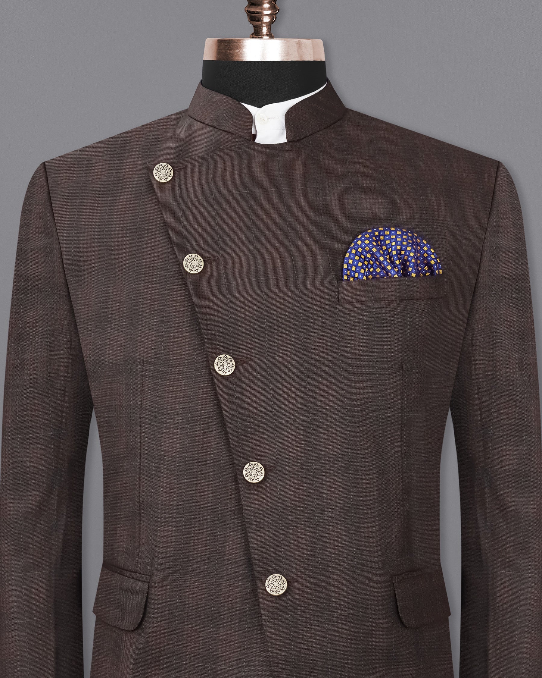 Birch Brown Plaid Cross Buttoned Bandhgala Blazer BL1955-CBG-36, BL1955-CBG-38, BL1955-CBG-40, BL1955-CBG-42, BL1955-CBG-44, BL1955-CBG-46, BL1955-CBG-48, BL1955-CBG-50, BL1955-CBG-52, BL1955-CBG-54, BL1955-CBG-56, BL1955-CBG-58, BL1955-CBG-60