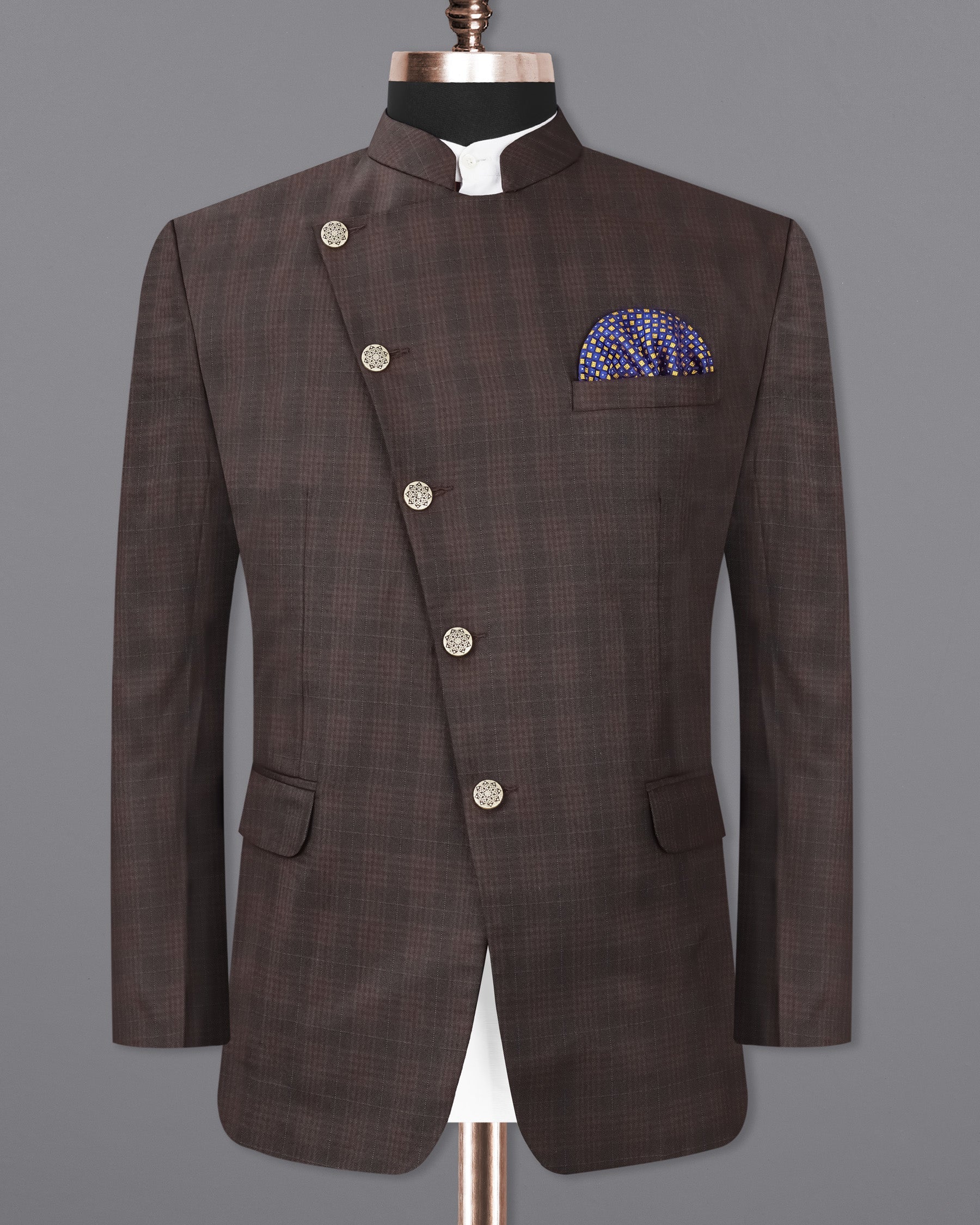 Birch Brown Plaid Cross Buttoned Bandhgala Blazer BL1955-CBG-36, BL1955-CBG-38, BL1955-CBG-40, BL1955-CBG-42, BL1955-CBG-44, BL1955-CBG-46, BL1955-CBG-48, BL1955-CBG-50, BL1955-CBG-52, BL1955-CBG-54, BL1955-CBG-56, BL1955-CBG-58, BL1955-CBG-60