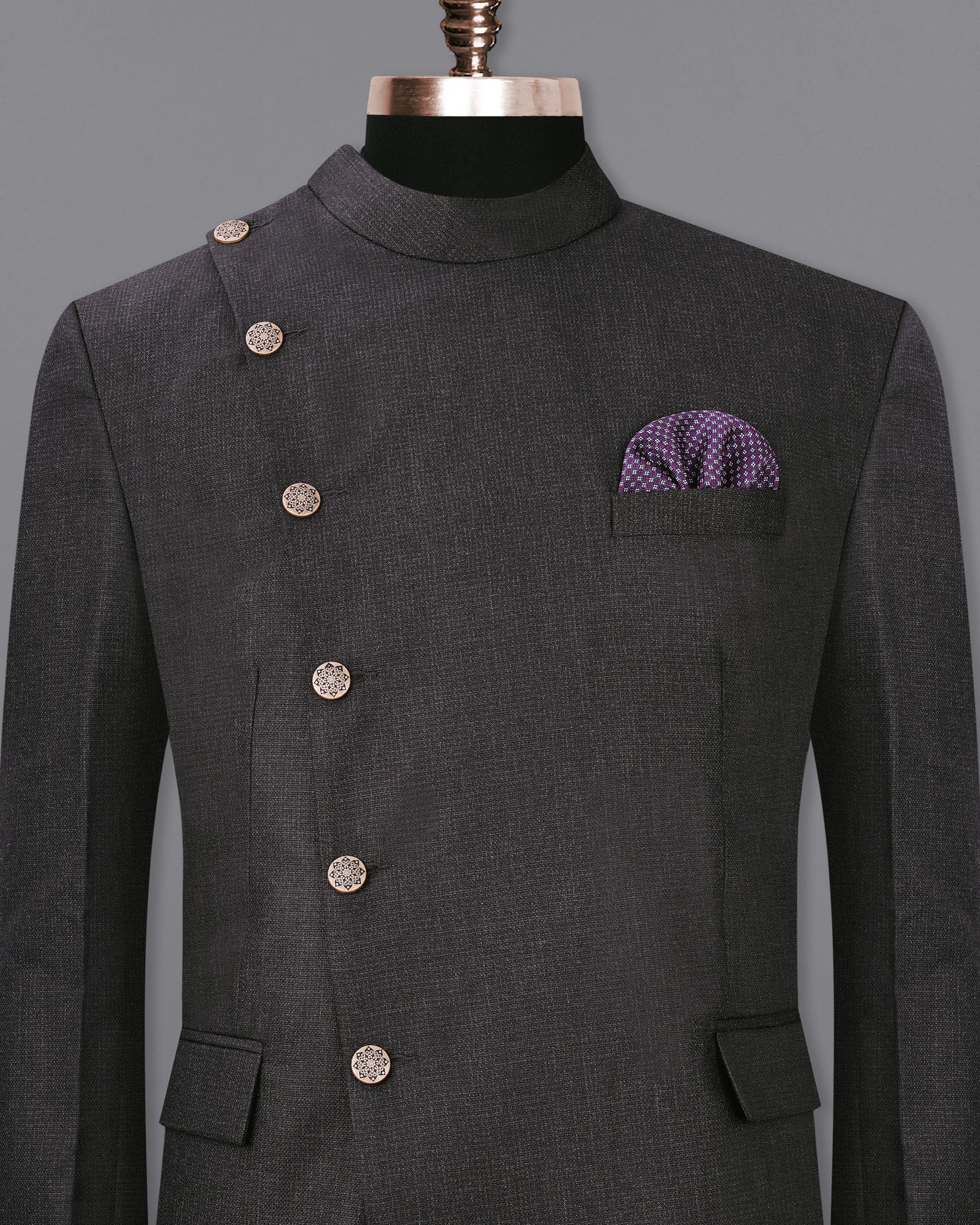 Piano Gray Cross Buttoned Bandhgala Blazer BL1956-CBG2-36, BL1956-CBG2-38, BL1956-CBG2-40, BL1956-CBG2-42, BL1956-CBG2-44, BL1956-CBG2-46, BL1956-CBG2-48, BL1956-CBG2-50, BL1956-CBG2-52, BL1956-CBG2-54, BL1956-CBG2-56, BL1956-CBG2-58, BL1956-CBG2-60