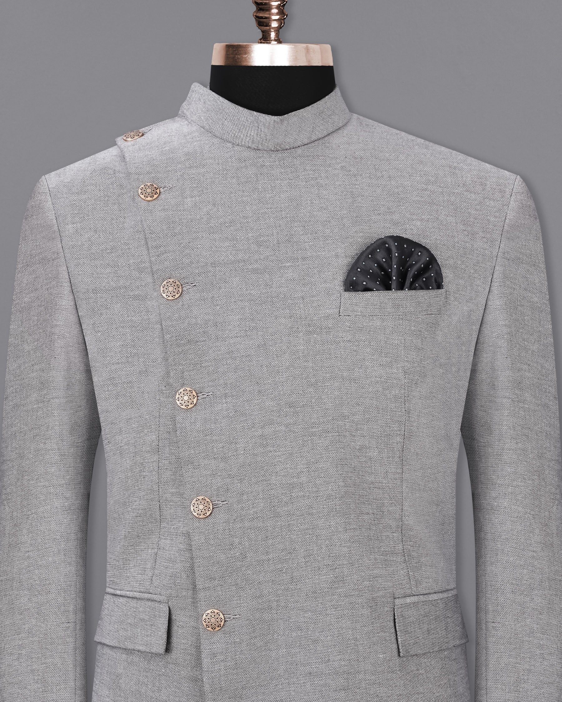 Star Dust Gray Cross Buttoned Bandhgala Premium Cotton Blazer BL1957-CBG2-36, BL1957-CBG2-38, BL1957-CBG2-40, BL1957-CBG2-42, BL1957-CBG2-44, BL1957-CBG2-46, BL1957-CBG2-48, BL1957-CBG2-50, BL1957-CBG2-52, BL1957-CBG2-54, BL1957-CBG2-56, BL1957-CBG2-58, BL1957-CBG2-60