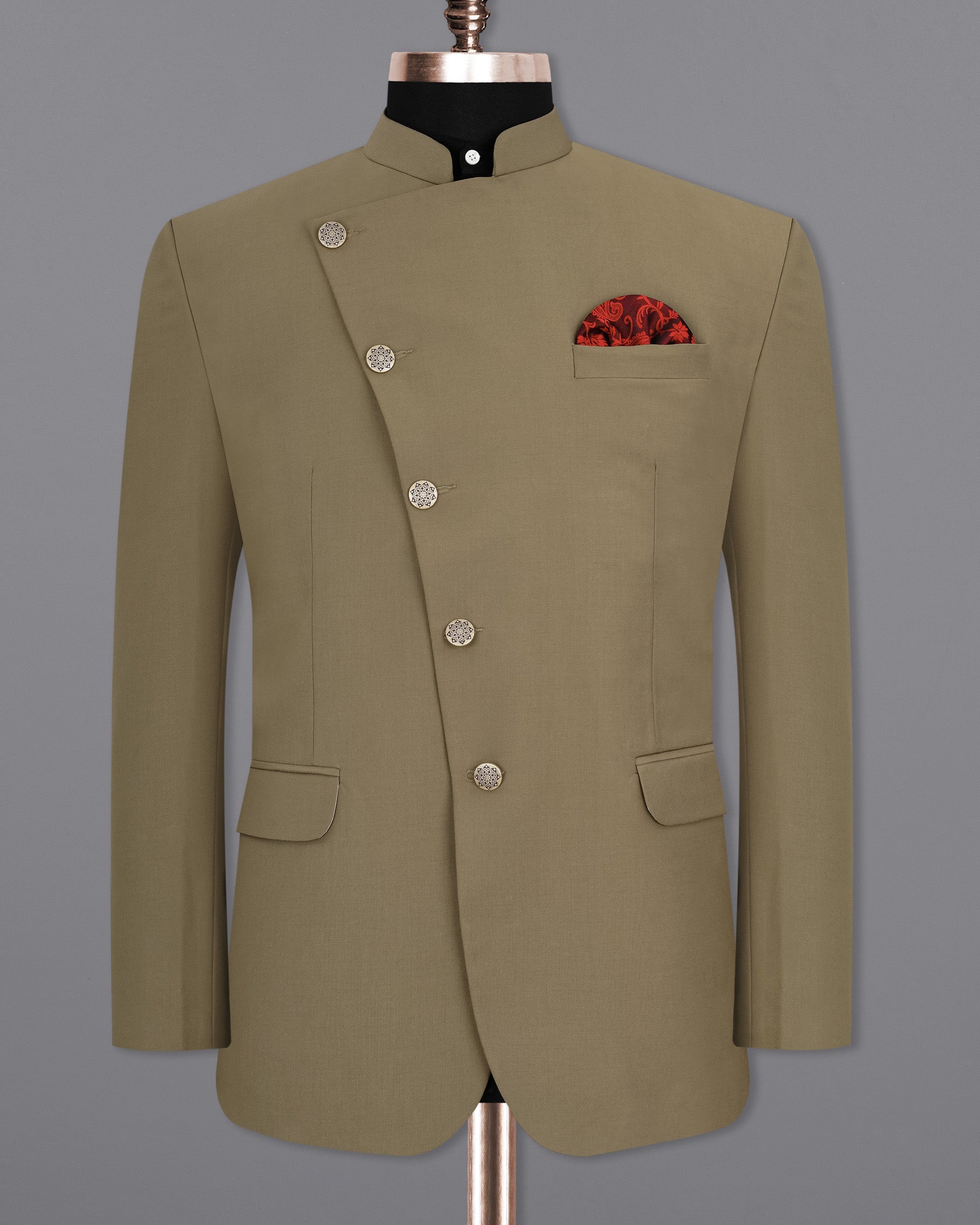 Shadow Brown Cross-Buttoned Bandhgala Blazer BL1974-CBG-36, BL1974-CBG-38, BL1974-CBG-40, BL1974-CBG-42, BL1974-CBG-44, BL1974-CBG-46, BL1974-CBG-48, BL1974-CBG-50, BL1974-CBG-52, BL1974-CBG-54, BL1974-CBG-56, BL1974-CBG-58, BL1974-CBG-60