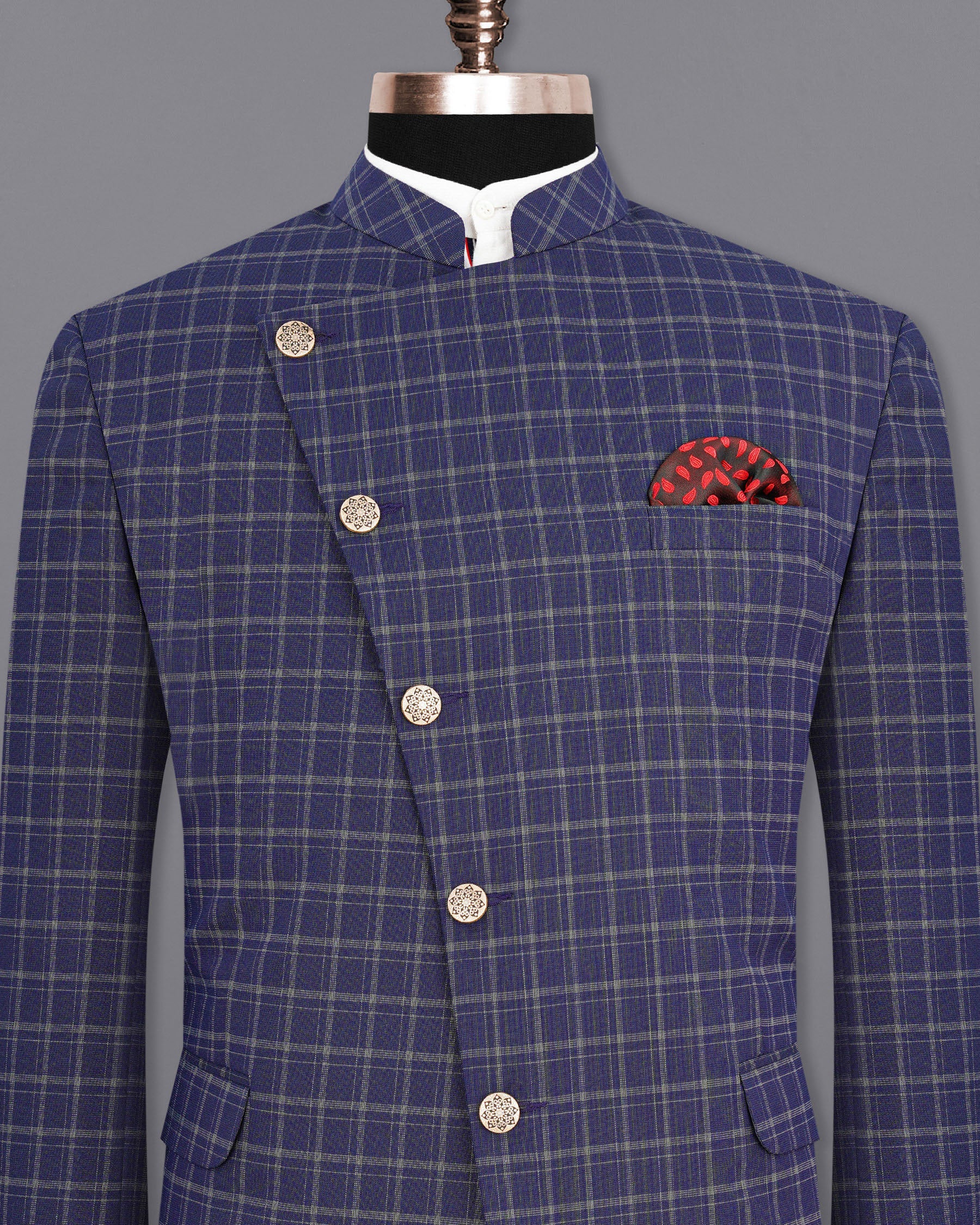 Mulled Wine Blue With Casper Gray Checkered Cross-Buttoned Bandhgala Blazer BL1976-CBG-36, BL1976-CBG-38, BL1976-CBG-40, BL1976-CBG-42, BL1976-CBG-44, BL1976-CBG-46, BL1976-CBG-48, BL1976-CBG-50, BL1976-CBG-52, BL1976-CBG-54, BL1976-CBG-56, BL1976-CBG-58, BL1976-CBG-60