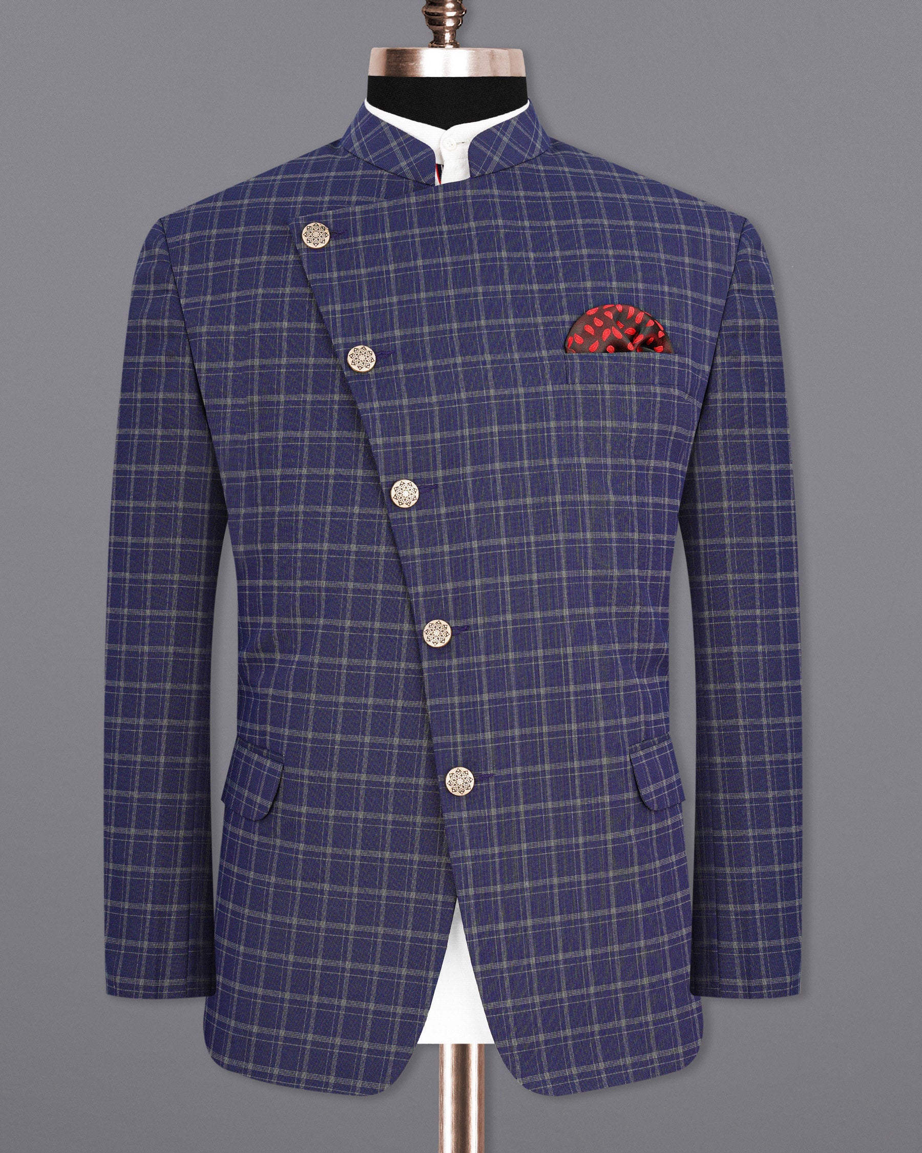 Mulled Wine Blue With Casper Gray Checkered Cross-Buttoned Bandhgala Blazer BL1976-CBG-36, BL1976-CBG-38, BL1976-CBG-40, BL1976-CBG-42, BL1976-CBG-44, BL1976-CBG-46, BL1976-CBG-48, BL1976-CBG-50, BL1976-CBG-52, BL1976-CBG-54, BL1976-CBG-56, BL1976-CBG-58, BL1976-CBG-60