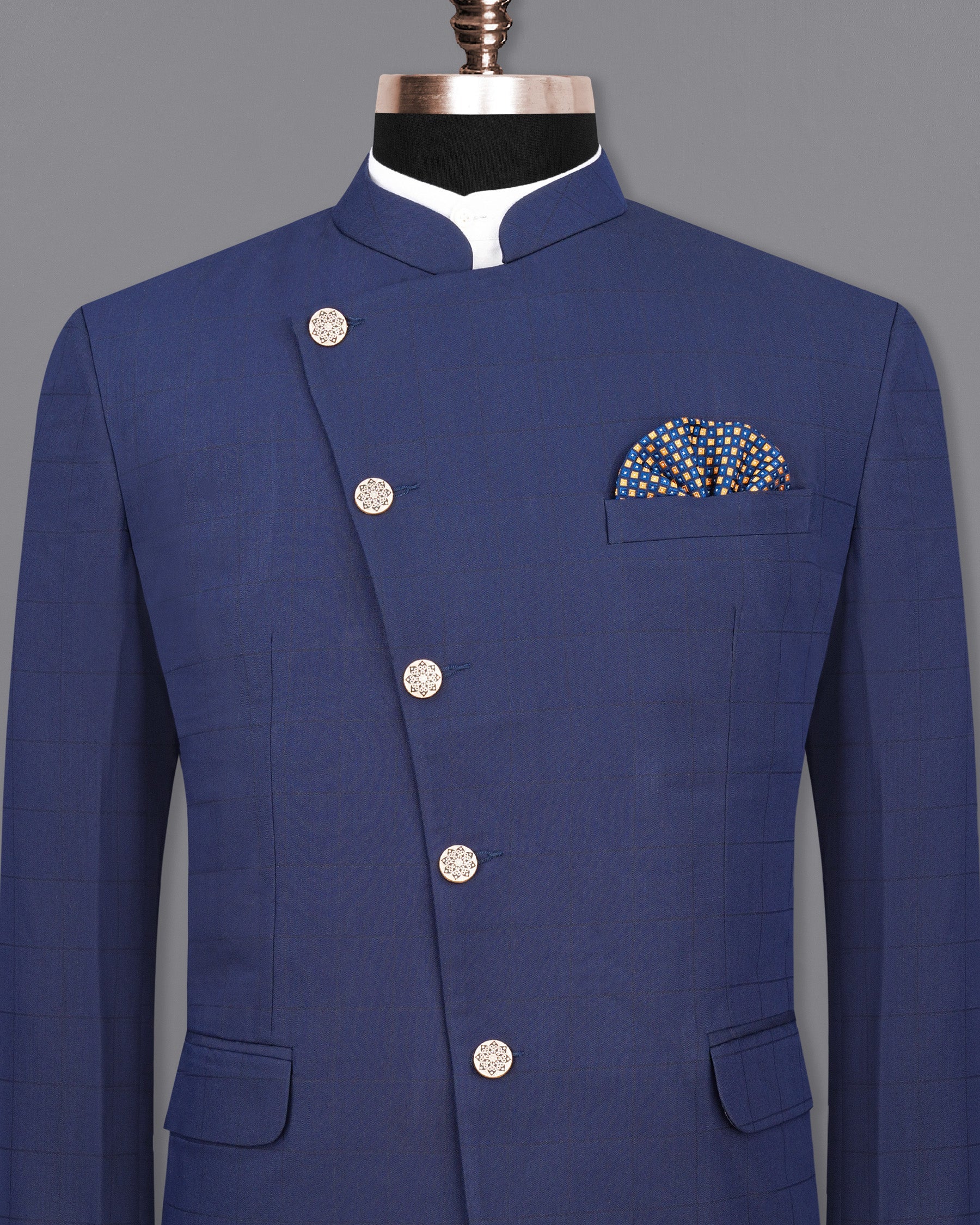 Rhino Blue Cross Buttoned Bandhgala Blazer BL1989-CBG-36, BL1989-CBG-38, BL1989-CBG-40, BL1989-CBG-42, BL1989-CBG-44, BL1989-CBG-46, BL1989-CBG-48, BL1989-CBG-50, BL1989-CBG-52, BL1989-CBG-54, BL1989-CBG-56, BL1989-CBG-58, BL1989-CBG-60