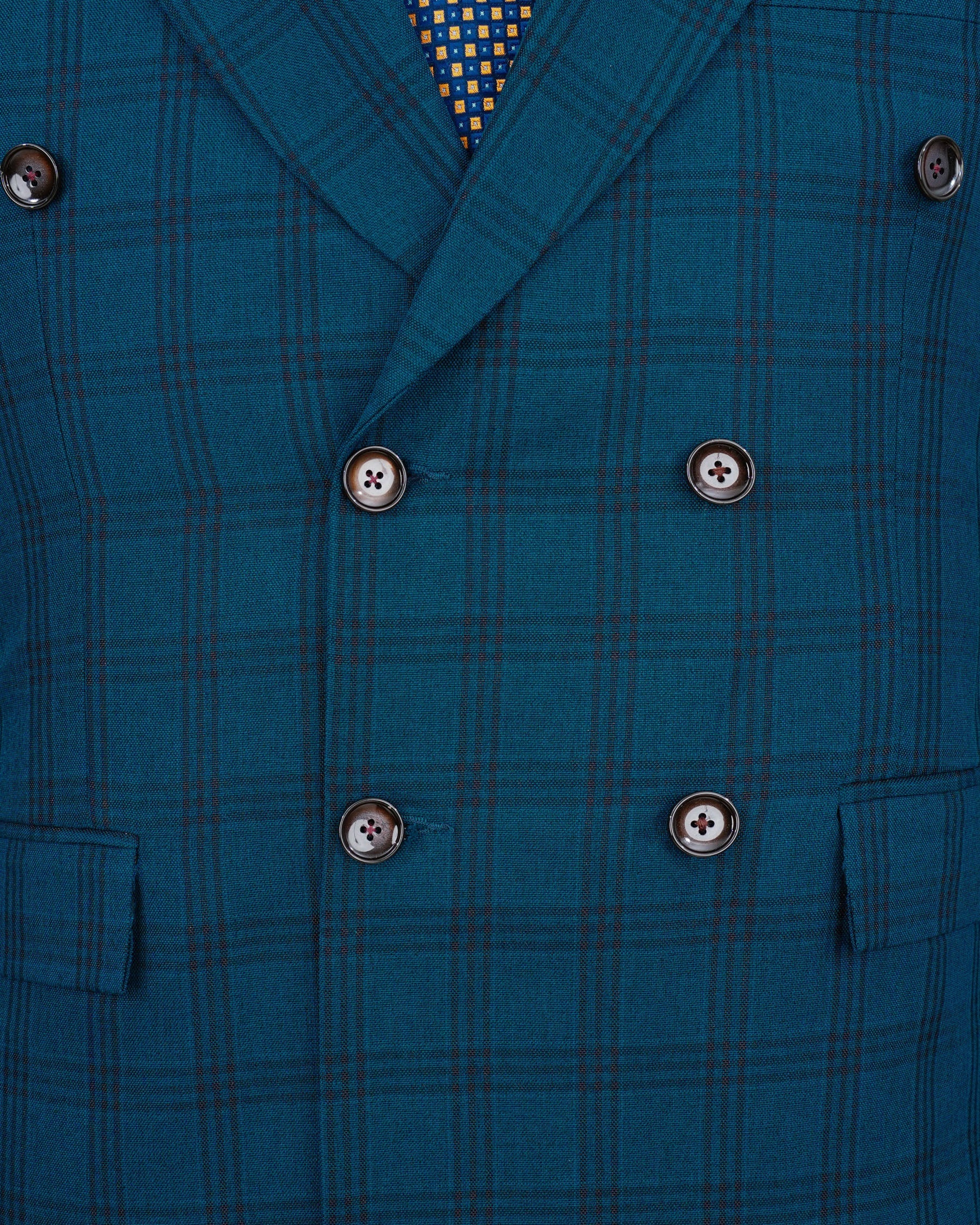 Sapphire Blue With Black Plaid Double Breasted Blazer BL1993-DB-36, BL1993-DB-38, BL1993-DB-40, BL1993-DB-42, BL1993-DB-44, BL1993-DB-46, BL1993-DB-48, BL1993-DB-50, BL1993-DB-52, BL1993-DB-54, BL1993-DB-56, BL1993-DB-58, BL1993-DB-60