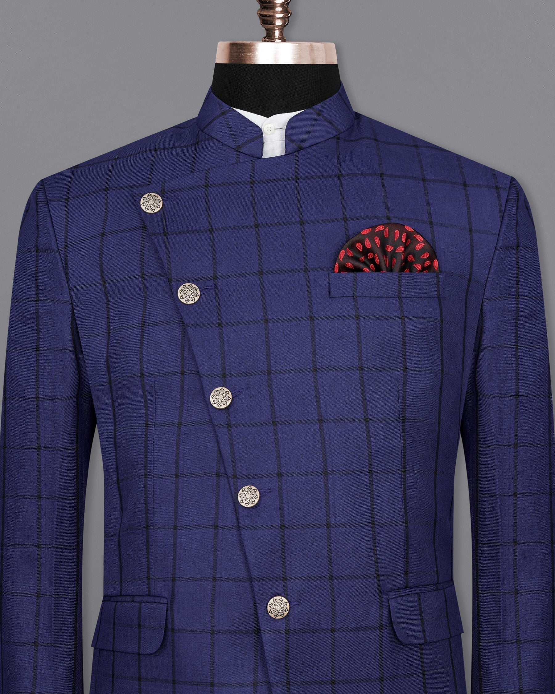 Zodiac Dark Blue Windowpane Cross Buttoned Bandhgala Blazer BL2015-CBG-36, BL2015-CBG-38, BL2015-CBG-40, BL2015-CBG-42, BL2015-CBG-44, BL2015-CBG-46, BL2015-CBG-48, BL2015-CBG-50, BL2015-CBG-52, BL2015-CBG-54, BL2015-CBG-56, BL2015-CBG-58, BL2015-CBG-60