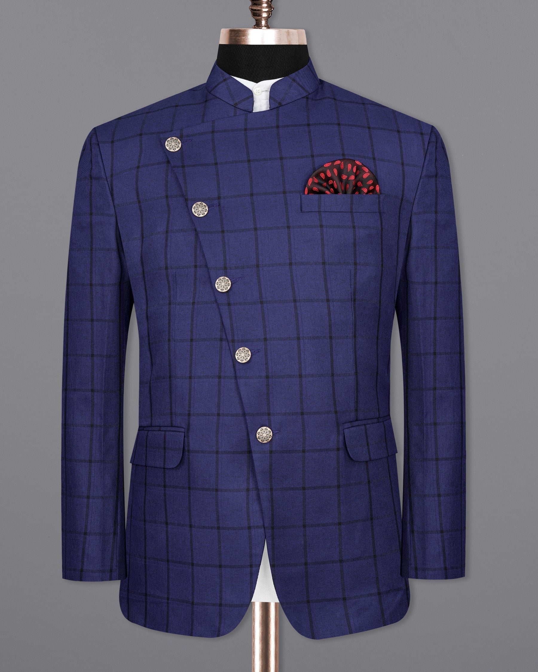 Zodiac Dark Blue Windowpane Cross Buttoned Bandhgala Blazer BL2015-CBG-36, BL2015-CBG-38, BL2015-CBG-40, BL2015-CBG-42, BL2015-CBG-44, BL2015-CBG-46, BL2015-CBG-48, BL2015-CBG-50, BL2015-CBG-52, BL2015-CBG-54, BL2015-CBG-56, BL2015-CBG-58, BL2015-CBG-60