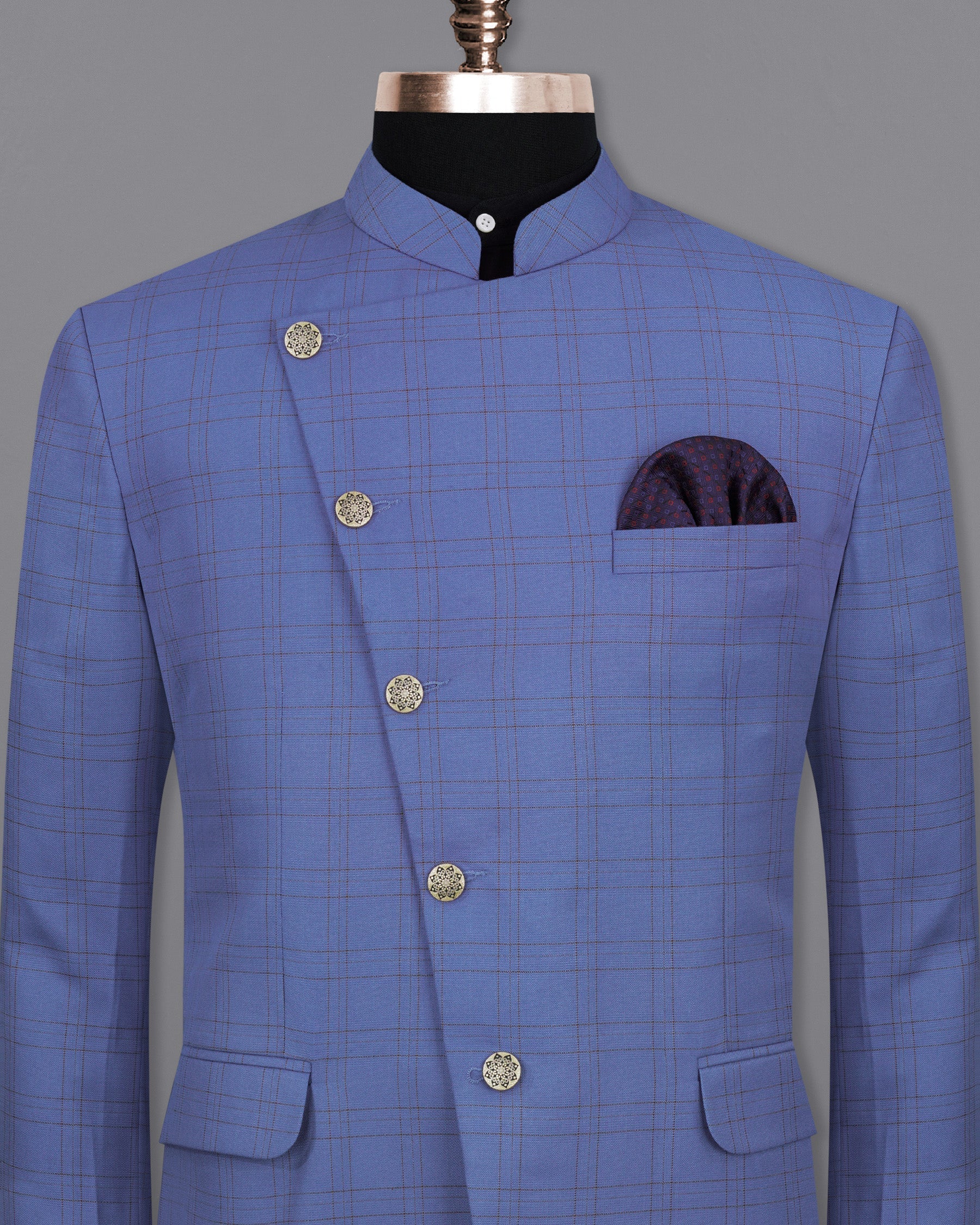 Scampi Blue With Pickled Brown Plaid Cross buttoned Bandhgala Blazer BL2017-CBG-36, BL2017-CBG-38, BL2017-CBG-40, BL2017-CBG-42, BL2017-CBG-44, BL2017-CBG-46, BL2017-CBG-48, BL2017-CBG-50, BL2017-CBG-52, BL2017-CBG-54, BL2017-CBG-56, BL2017-CBG-58, BL2017-CBG-60