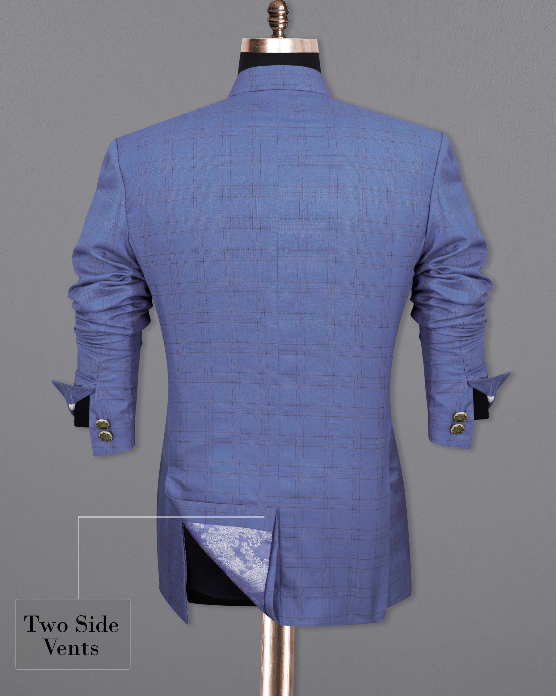 Scampi Blue With Pickled Brown Plaid Cross buttoned Bandhgala Blazer BL2017-CBG-36, BL2017-CBG-38, BL2017-CBG-40, BL2017-CBG-42, BL2017-CBG-44, BL2017-CBG-46, BL2017-CBG-48, BL2017-CBG-50, BL2017-CBG-52, BL2017-CBG-54, BL2017-CBG-56, BL2017-CBG-58, BL2017-CBG-60