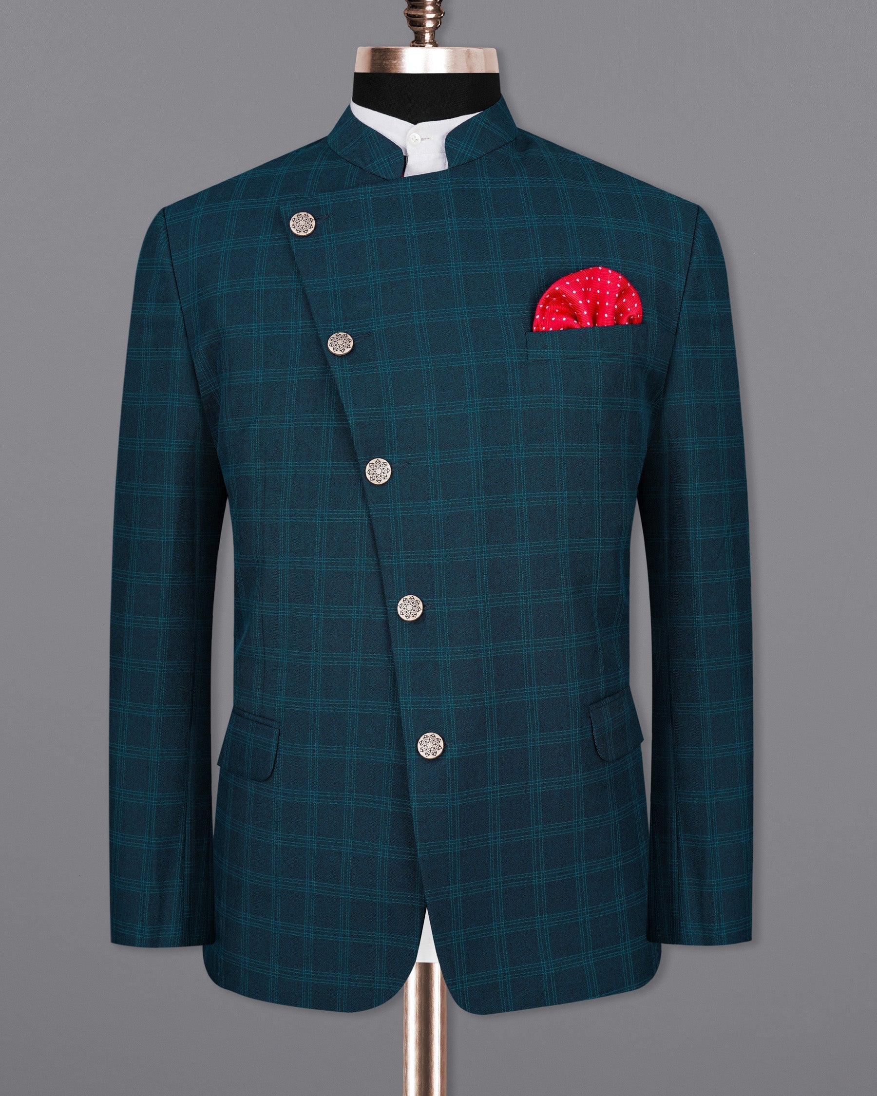 Cloud Burst Sea Green Windowpane Cross Buttoned Bandhgala Blazer BL2022-CBG-36, BL2022-CBG-38, BL2022-CBG-40, BL2022-CBG-42, BL2022-CBG-44, BL2022-CBG-46, BL2022-CBG-48, BL2022-CBG-50, BL2022-CBG-52, BL2022-CBG-54, BL2022-CBG-56, BL2022-CBG-58, BL2022-CBG-60