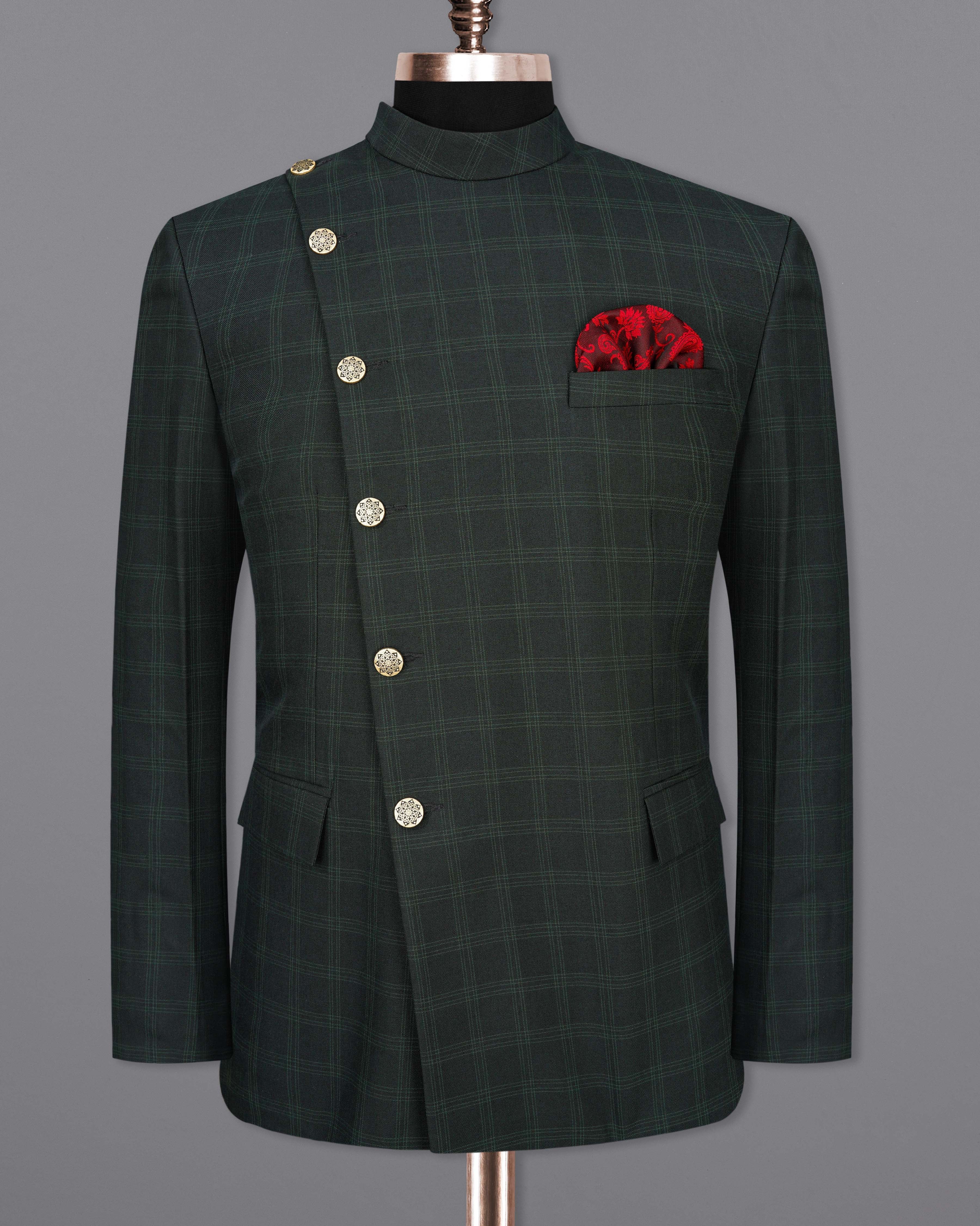 Zeus Green Plaid Cross Buttoned Bandhgala Blazer BL2039-CBG2-36, BL2039-CBG2-38, BL2039-CBG2-40, BL2039-CBG2-42, BL2039-CBG2-44, BL2039-CBG2-46, BL2039-CBG2-48, BL2039-CBG2-50, BL2039-CBG2-52, BL2039-CBG2-54, BL2039-CBG2-56, BL2039-CBG2-58, BL2039-CBG2-60