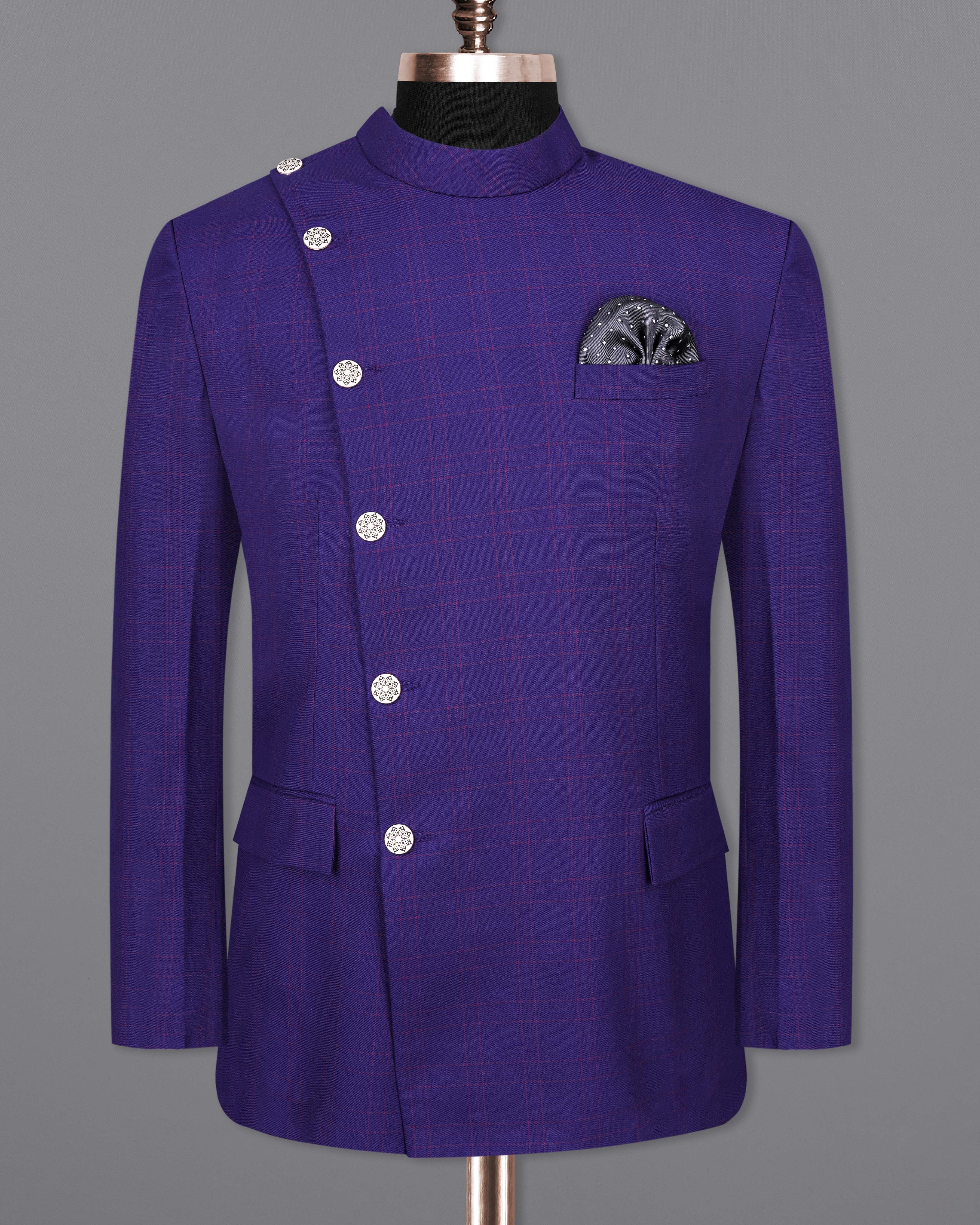 Christalle Blue with Fuchsia Pink Windoepane Cross Buttoned Bandhgala Blazer BL2040-CBG2-36, BL2040-CBG2-38, BL2040-CBG2-40, BL2040-CBG2-42, BL2040-CBG2-44, BL2040-CBG2-46, BL2040-CBG2-48, BL2040-CBG2-50, BL2040-CBG2-52, BL2040-CBG2-54, BL2040-CBG2-56, BL2040-CBG2-58, BL2040-CBG2-60