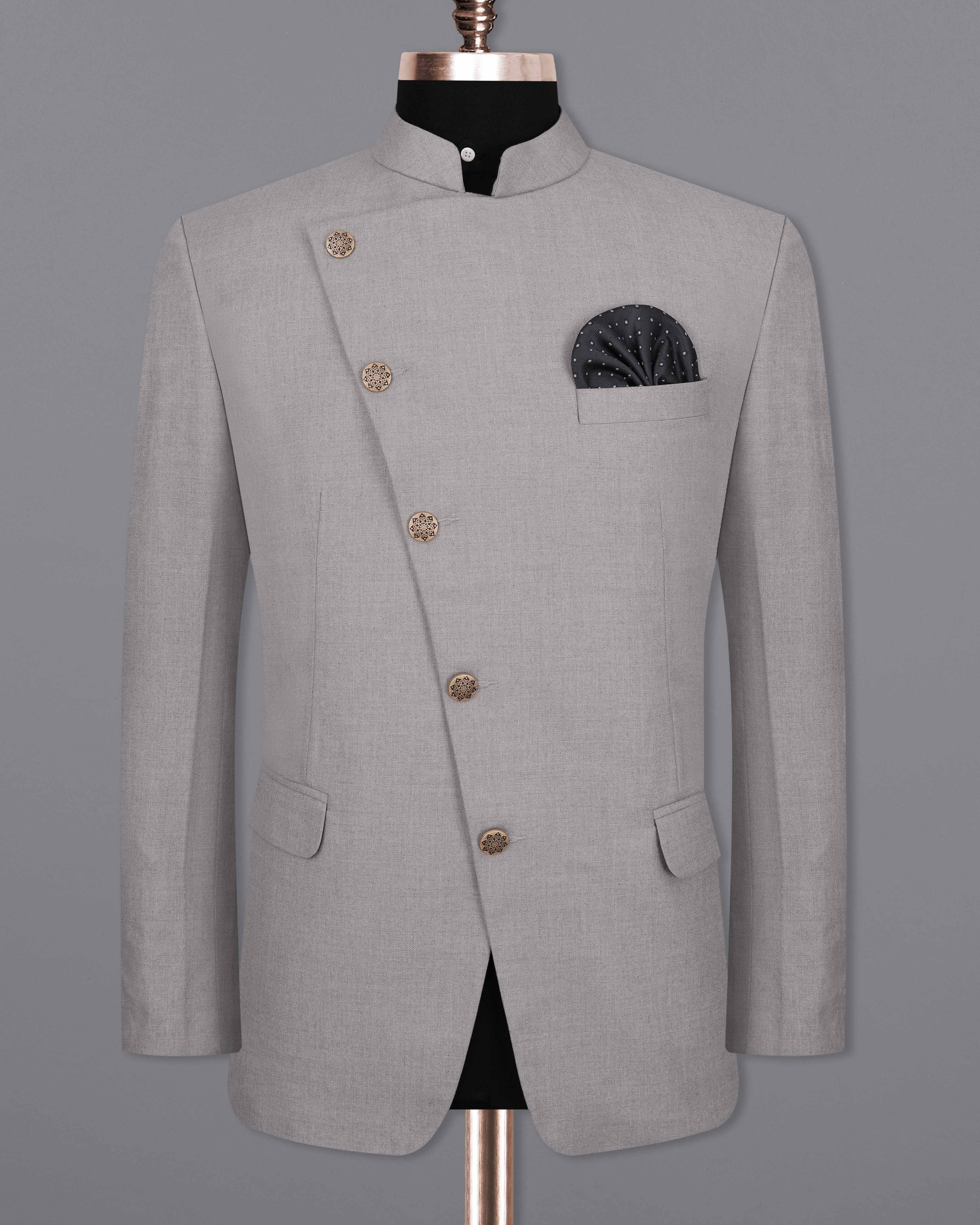 Spun Pearl Gray Cross Buttoned Bandhgala Blazer BL2043-CBG-36, BL2043-CBG-38, BL2043-CBG-40, BL2043-CBG-42, BL2043-CBG-44, BL2043-CBG-46, BL2043-CBG-48, BL2043-CBG-50, BL2043-CBG-52, BL2043-CBG-54, BL2043-CBG-56, BL2043-CBG-58, BL2043-CBG-60