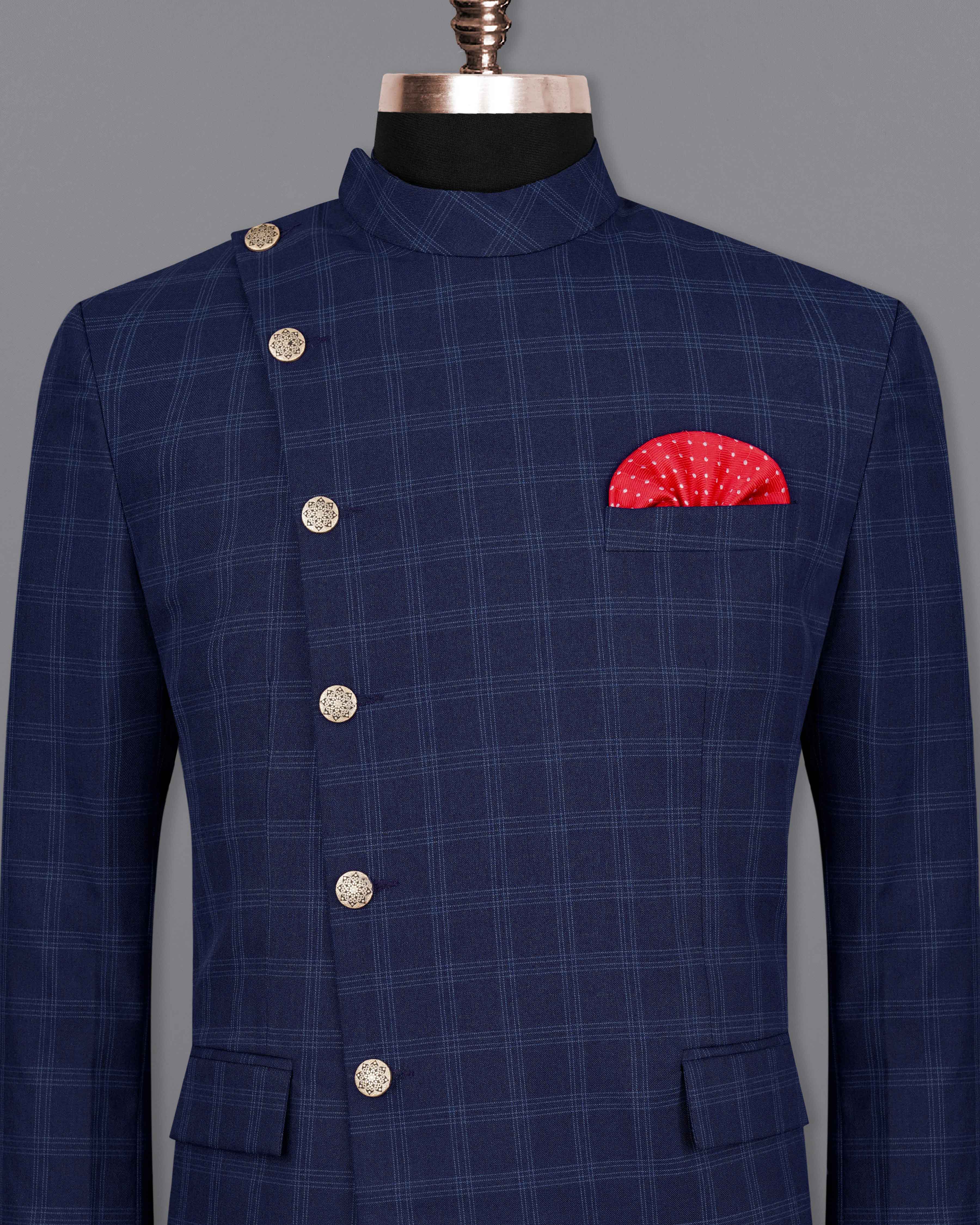 Baltic Sea Blue Windowpane Cross Buttoned Bandhgala Blazer BL2072-CBG2-36, BL2072-CBG2-38, BL2072-CBG2-40, BL2072-CBG2-42, BL2072-CBG2-44, BL2072-CBG2-46, BL2072-CBG2-48, BL2072-CBG2-50, BL2072-CBG2-52, BL2072-CBG2-54, BL2072-CBG2-56, BL2072-CBG2-58, BL2072-CBG2-60