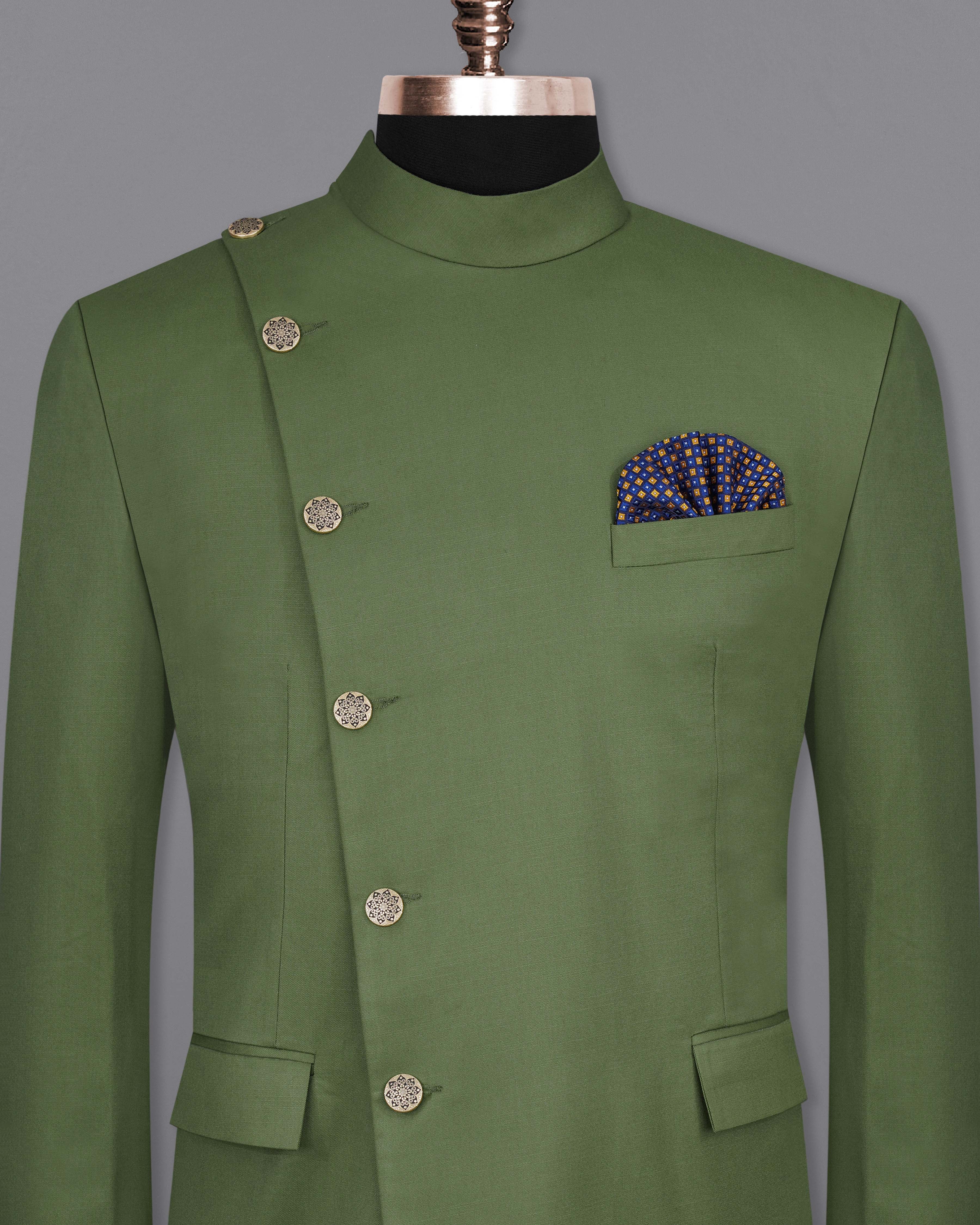 Cactus Green Cross Buttoned Bandhgala Blazer BL2073-CBG2-36, BL2073-CBG2-38, BL2073-CBG2-40, BL2073-CBG2-42, BL2073-CBG2-44, BL2073-CBG2-46, BL2073-CBG2-48, BL2073-CBG2-50, BL2073-CBG2-52, BL2073-CBG2-54, BL2073-CBG2-56, BL2073-CBG2-58, BL2073-CBG2-60