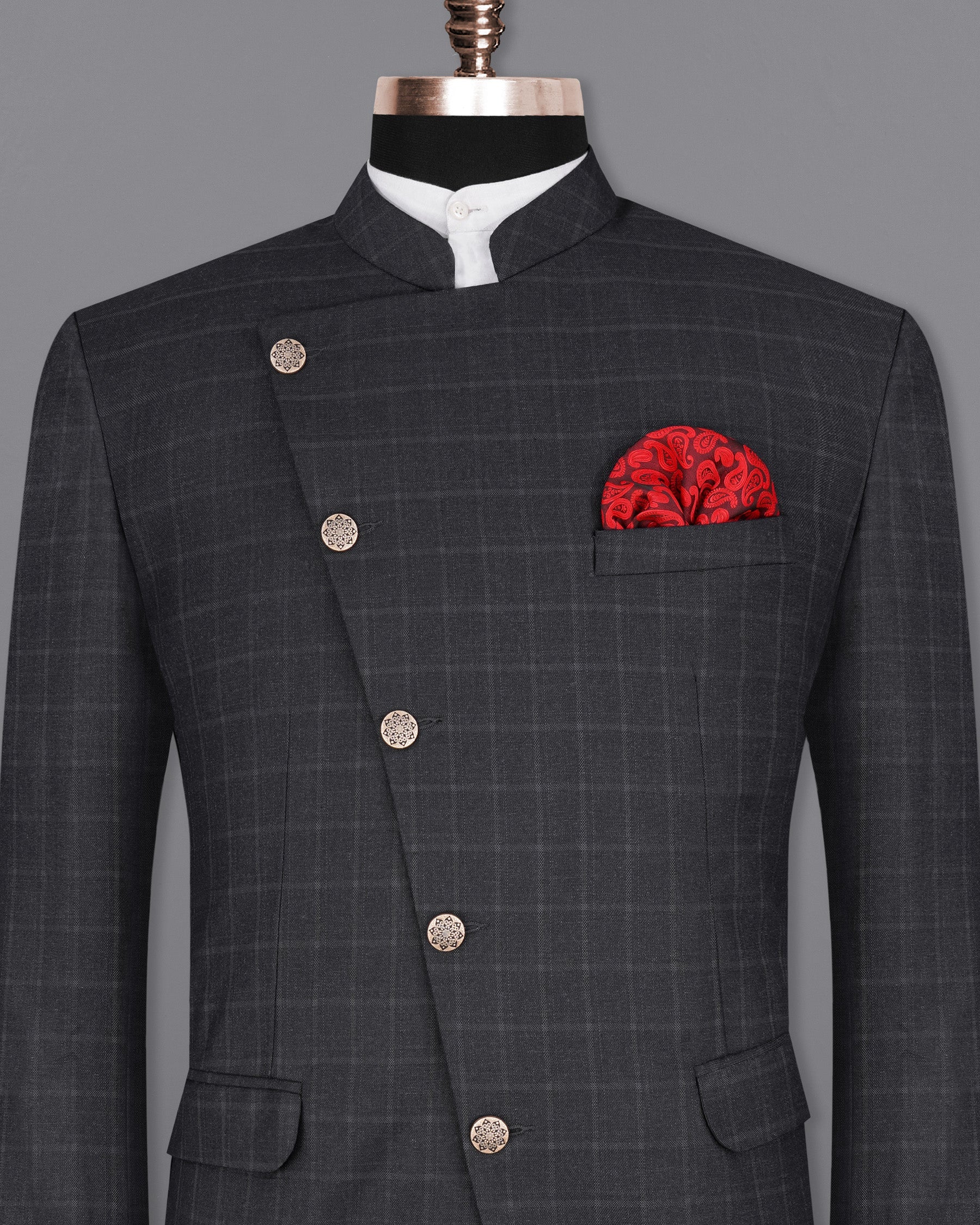 Bastille Light Black Windowpane Cross Buttoned Bandhgala Blazer BL2097-CBG-36, BL2097-CBG-38, BL2097-CBG-40, BL2097-CBG-42, BL2097-CBG-44, BL2097-CBG-46, BL2097-CBG-48, BL2097-CBG-50, BL2097-CBG-52, BL2097-CBG-54, BL2097-CBG-56, BL2097-CBG-58, BL2097-CBG-60