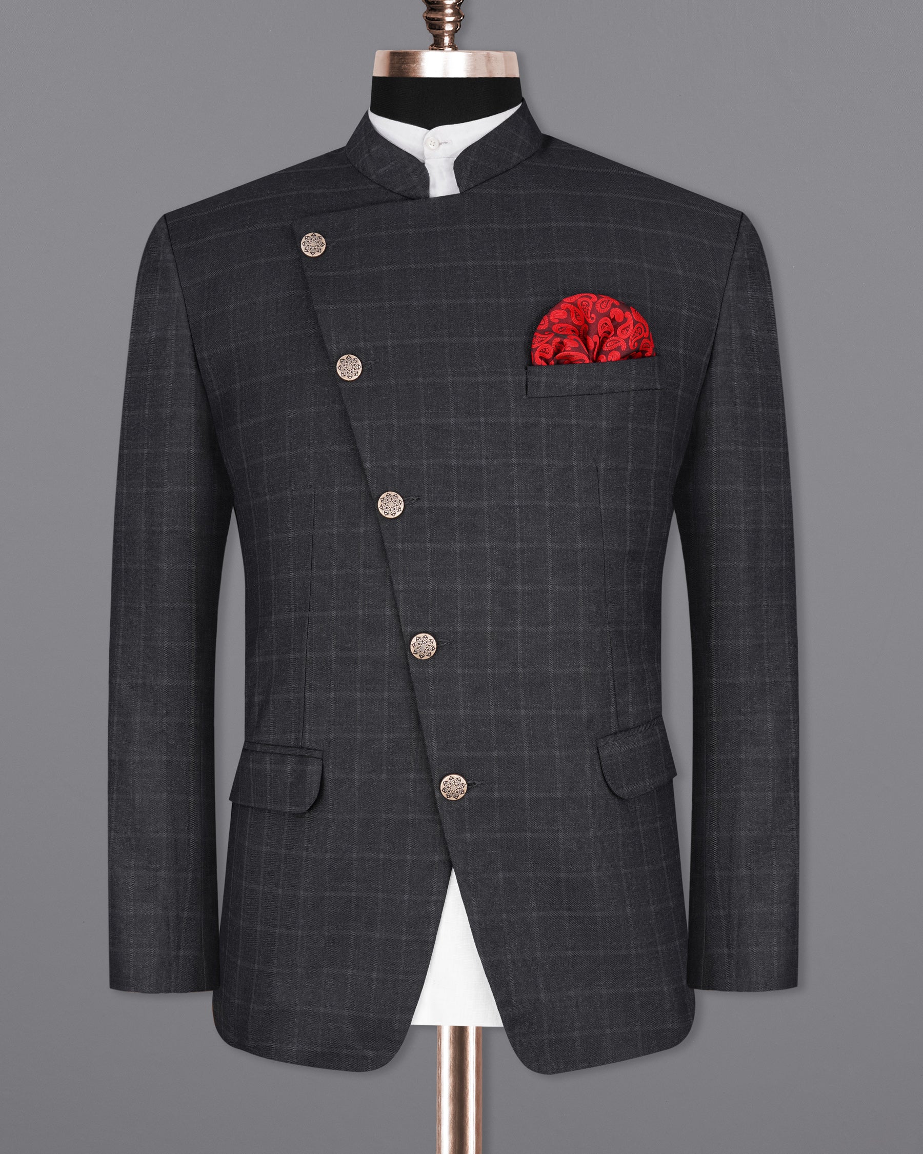 Bastille Light Black Windowpane Cross Buttoned Bandhgala Blazer BL2097-CBG-36, BL2097-CBG-38, BL2097-CBG-40, BL2097-CBG-42, BL2097-CBG-44, BL2097-CBG-46, BL2097-CBG-48, BL2097-CBG-50, BL2097-CBG-52, BL2097-CBG-54, BL2097-CBG-56, BL2097-CBG-58, BL2097-CBG-60