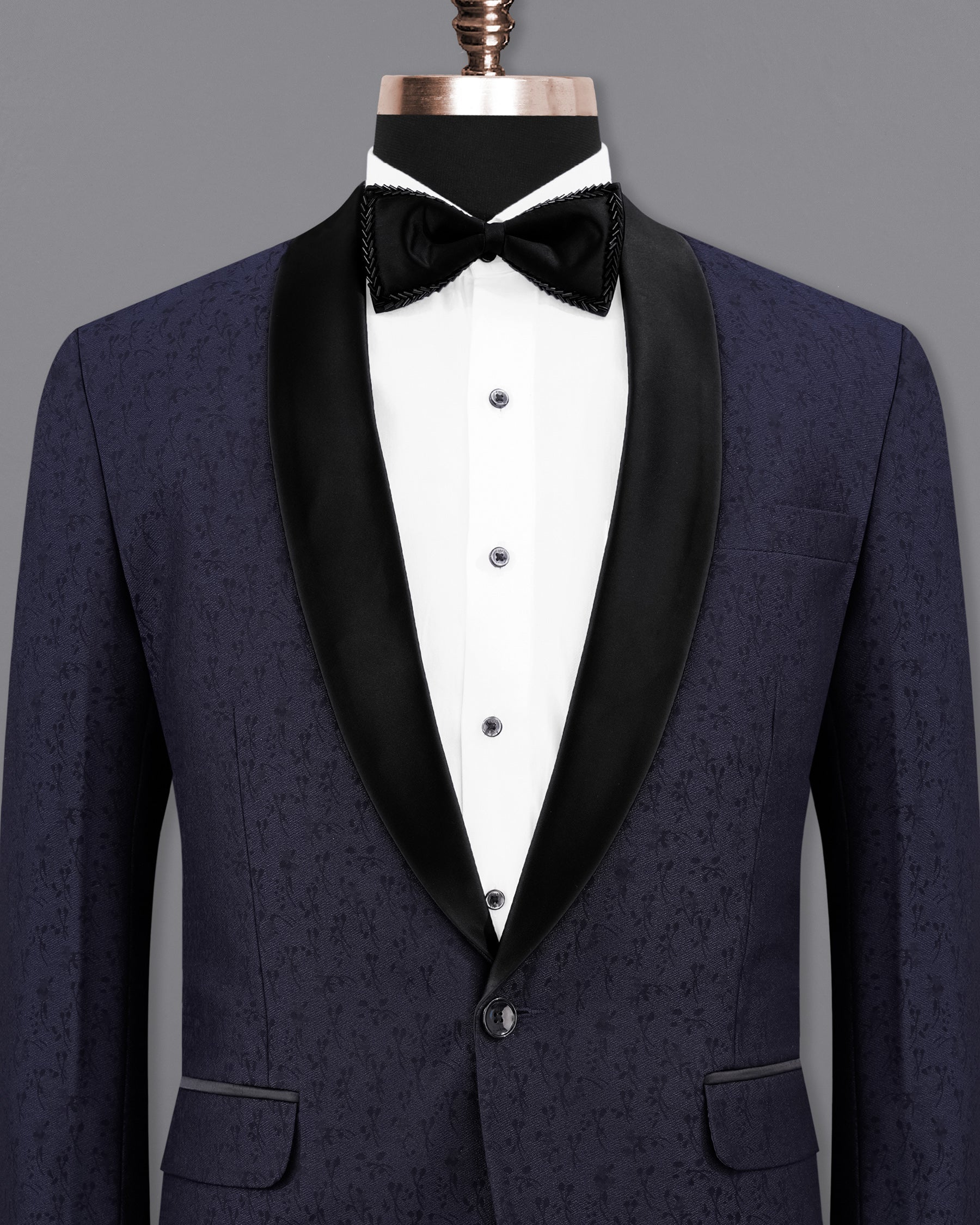 Bleached Cedar Navy Blue Ditzy Textured With Black Lapel Tuxedo Blazer BL2104-BKL-36, BL2104-BKL-38, BL2104-BKL-40, BL2104-BKL-42, BL2104-BKL-44, BL2104-BKL-46, BL2104-BKL-48, BL2104-BKL-50, BL2104-BKL-52, BL2104-BKL-54, BL2104-BKL-56, BL2104-BKL-58, BL2104-BKL-60