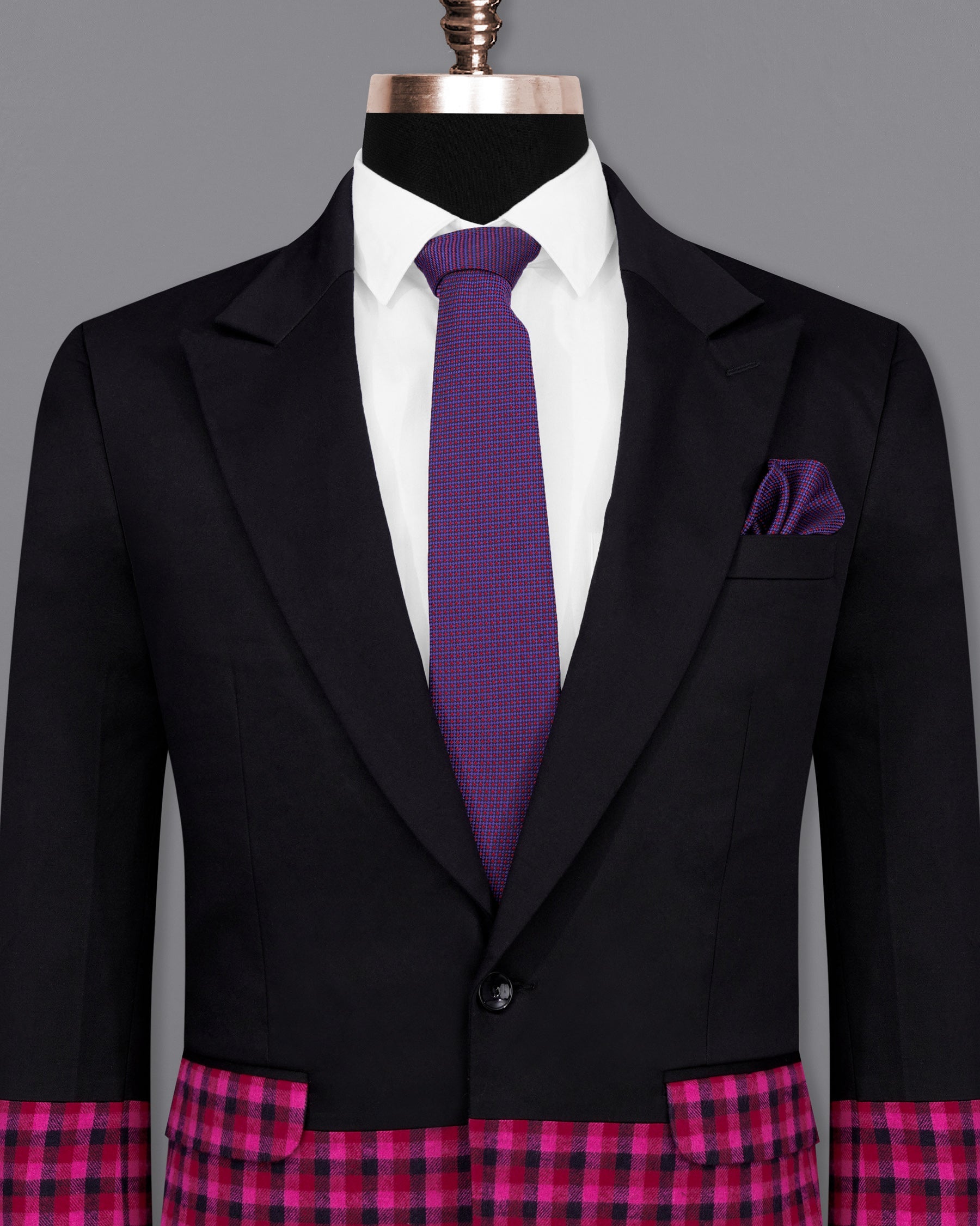 Half-Black and Half Jazzberry Pink Checkered Single-Breasted Premium Cotton Designer Blazer