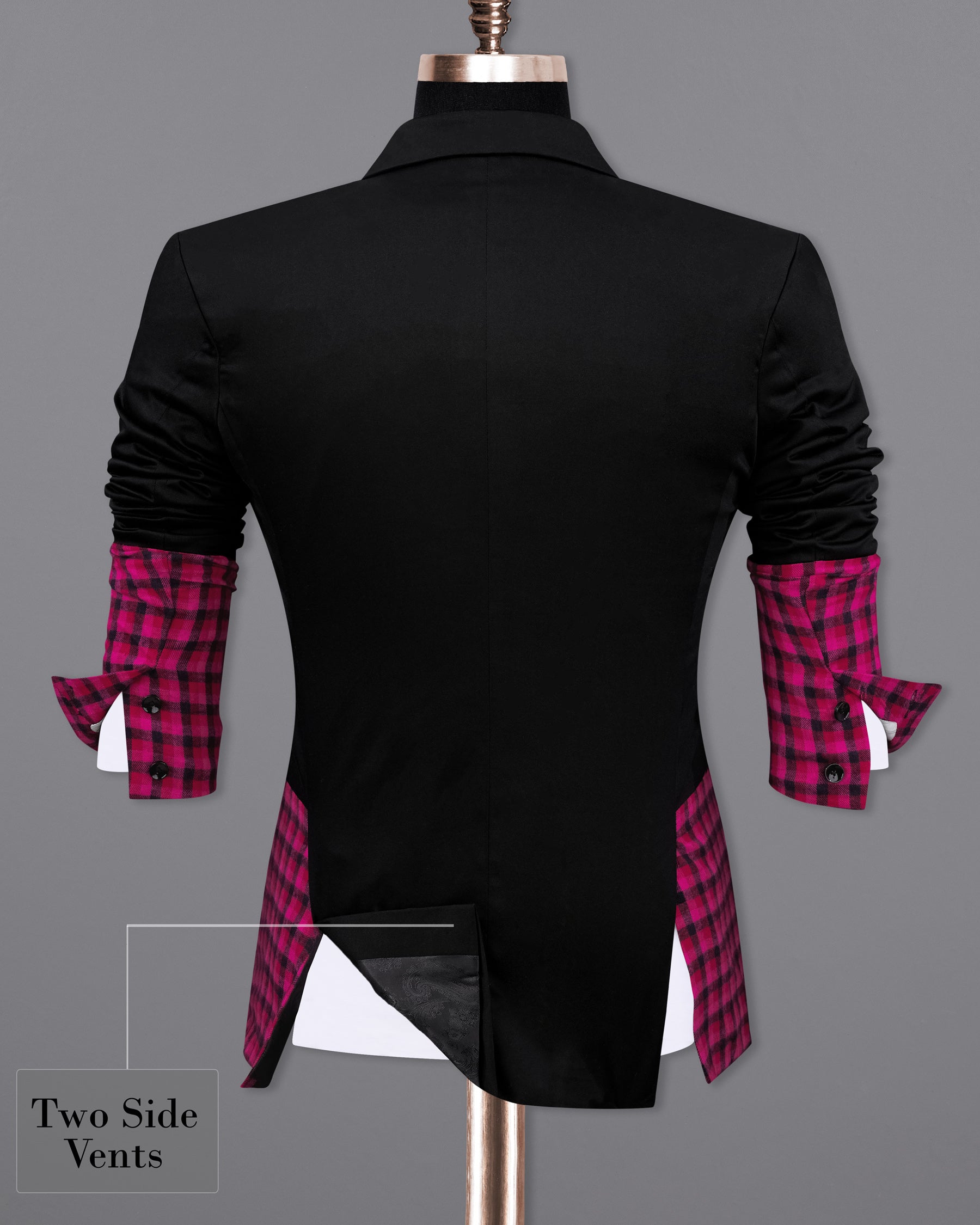 Half-Black and Half Jazzberry Pink Checkered Single-Breasted Premium Cotton Designer Blazer