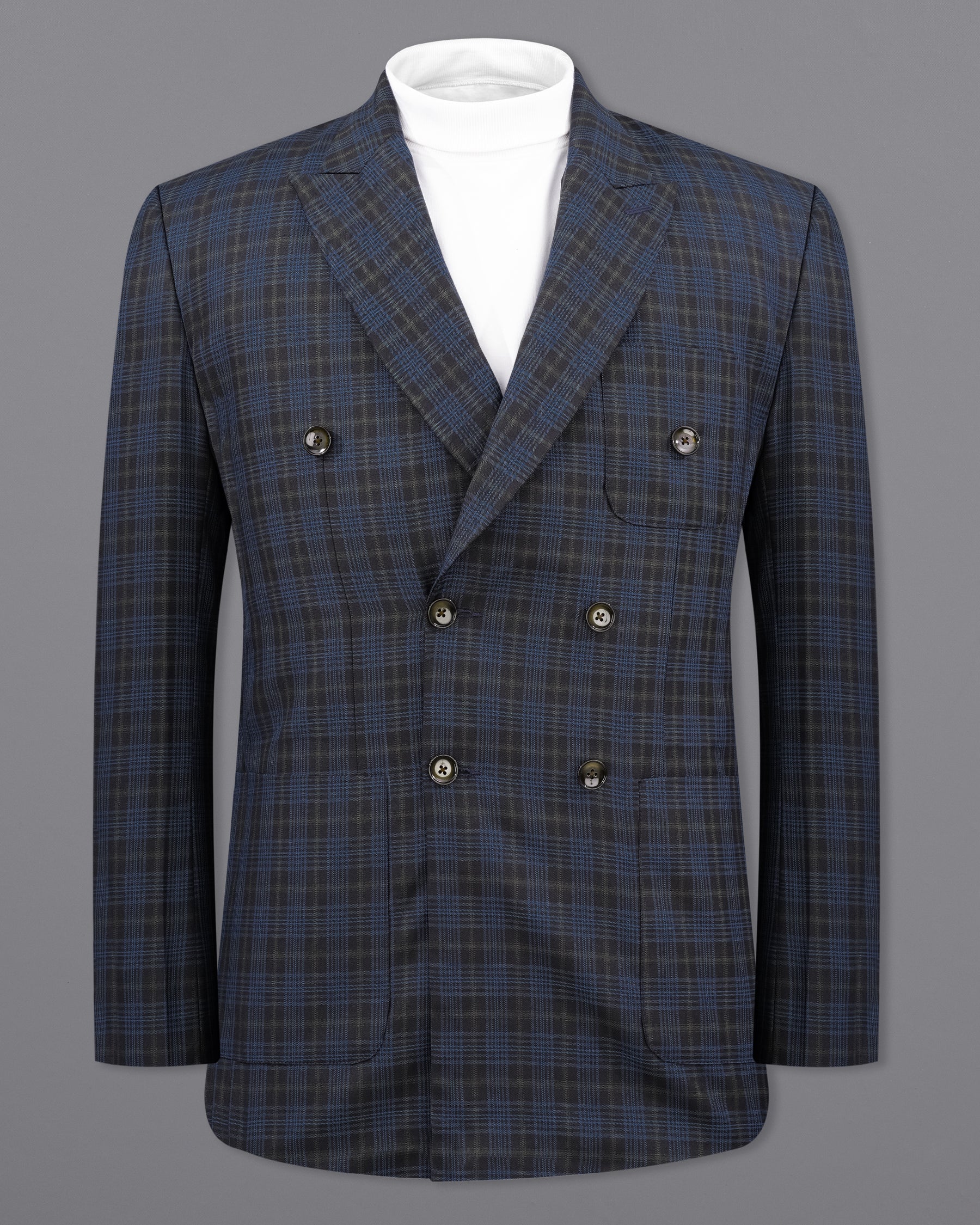 Fiord Navy Blue with Black Russian Plaid Double Breasted Sports Blazer