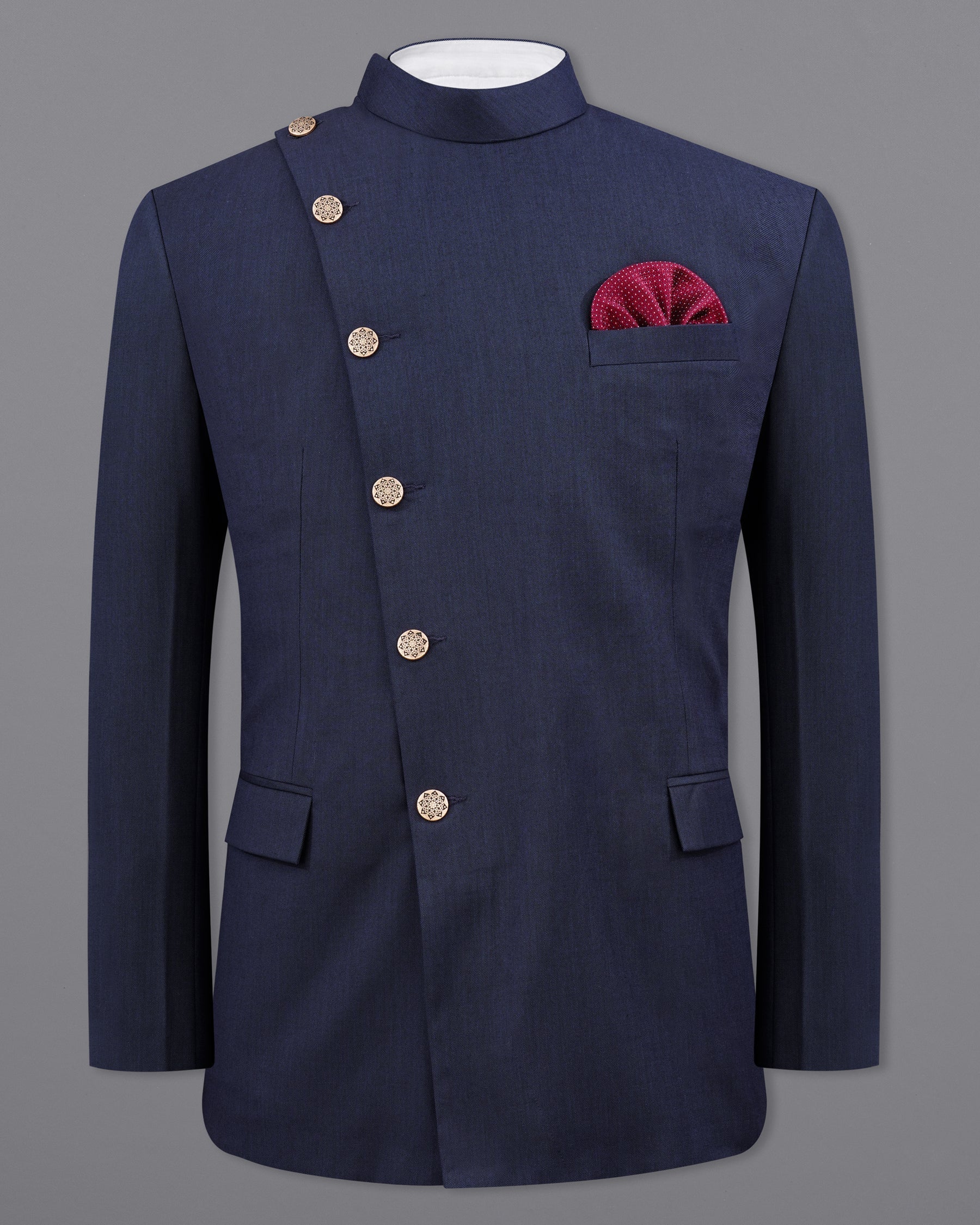 Gunmetal Navy Blue Cross Placket Bandhgala Blazer