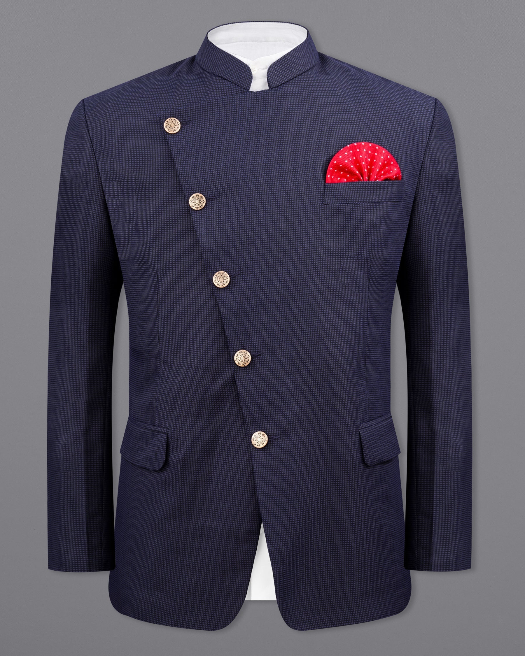 Ebony Clay Navy Blue Cross Placket Bandhgala Blazer