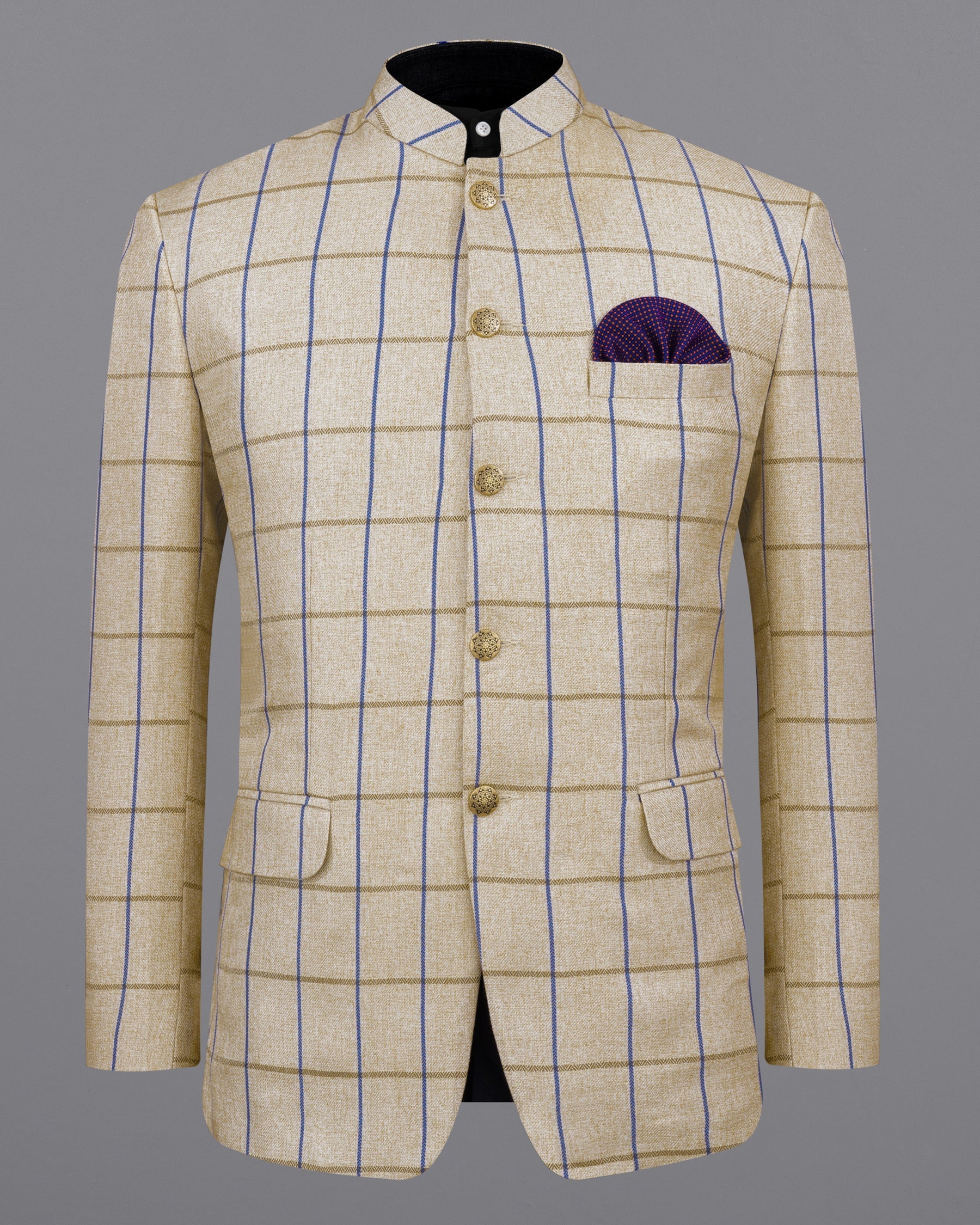 Mushroom Light Brown Checkered Bandhgala Blazer BL2139-BG-36, BL2139-BG-38, BL2139-BG-40, BL2139-BG-42, BL2139-BG-44, BL2139-BG-46, BL2139-BG-48, BL2139-BG-50, BL2139-BG-52, BL2139-BG-54, BL2139-BG-56, BL2139-BG-58, BL2139-BG-60