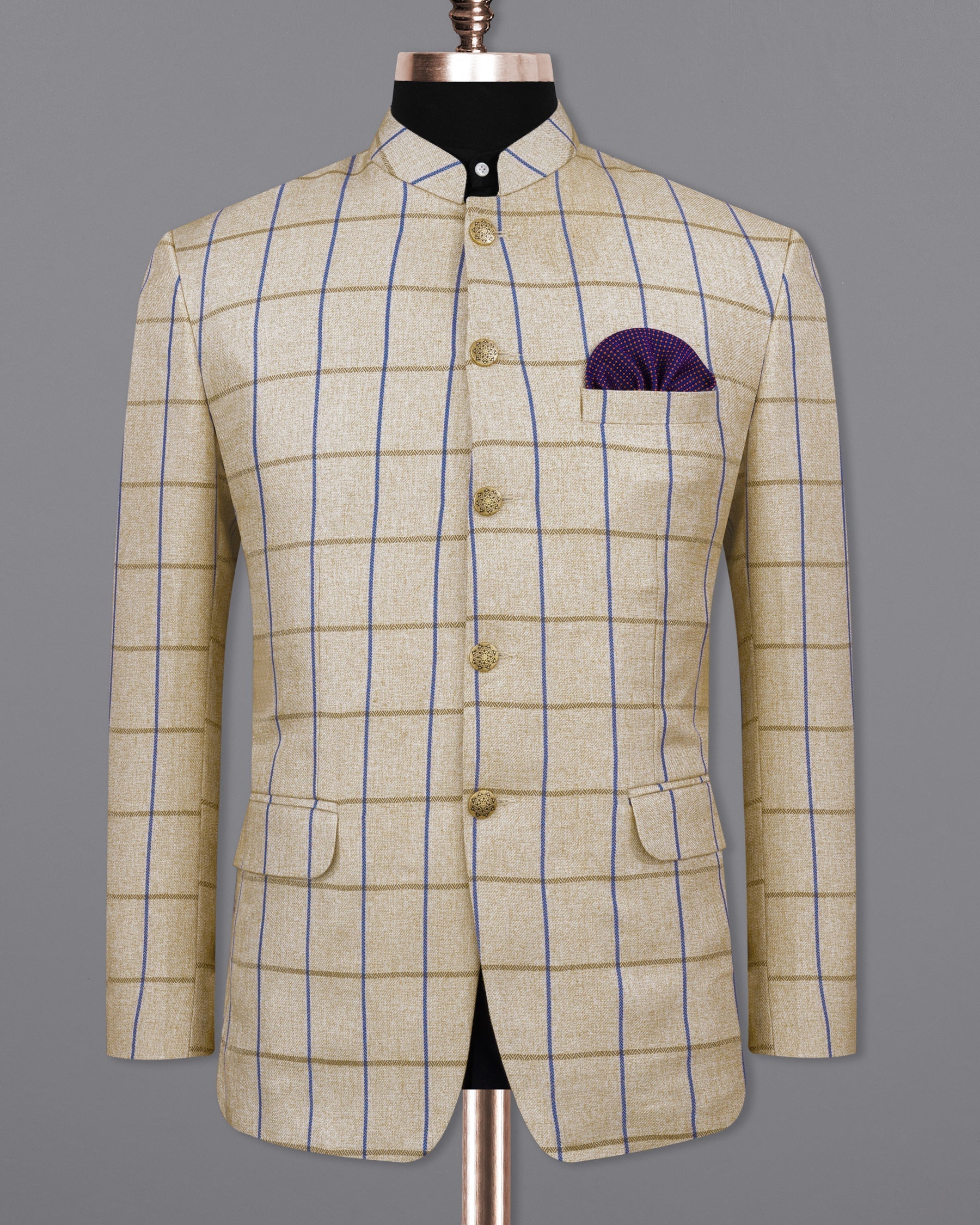 Mushroom Light Brown Checkered Bandhgala Blazer BL2139-BG-36, BL2139-BG-38, BL2139-BG-40, BL2139-BG-42, BL2139-BG-44, BL2139-BG-46, BL2139-BG-48, BL2139-BG-50, BL2139-BG-52, BL2139-BG-54, BL2139-BG-56, BL2139-BG-58, BL2139-BG-60