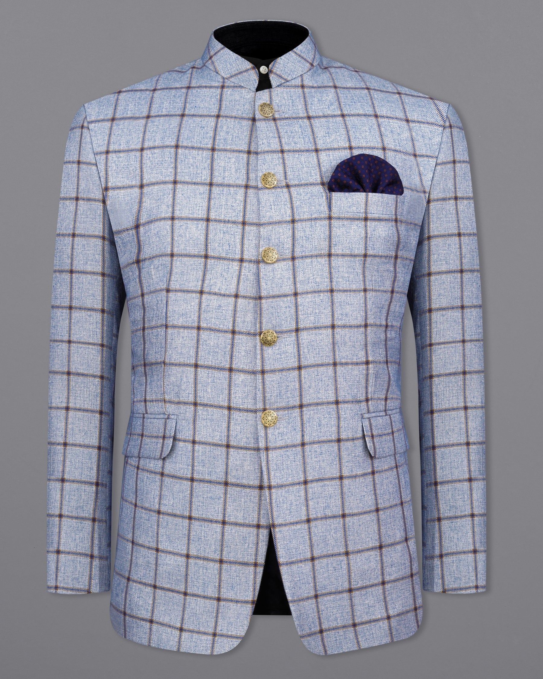 Spun Pearl Gray Checkered Bandhgala Blazer BL2140-BG-36, BL2140-BG-38, BL2140-BG-40, BL2140-BG-42, BL2140-BG-44, BL2140-BG-46, BL2140-BG-48, BL2140-BG-50, BL2140-BG-52, BL2140-BG-54, BL2140-BG-56, BL2140-BG-58, BL2140-BG-60