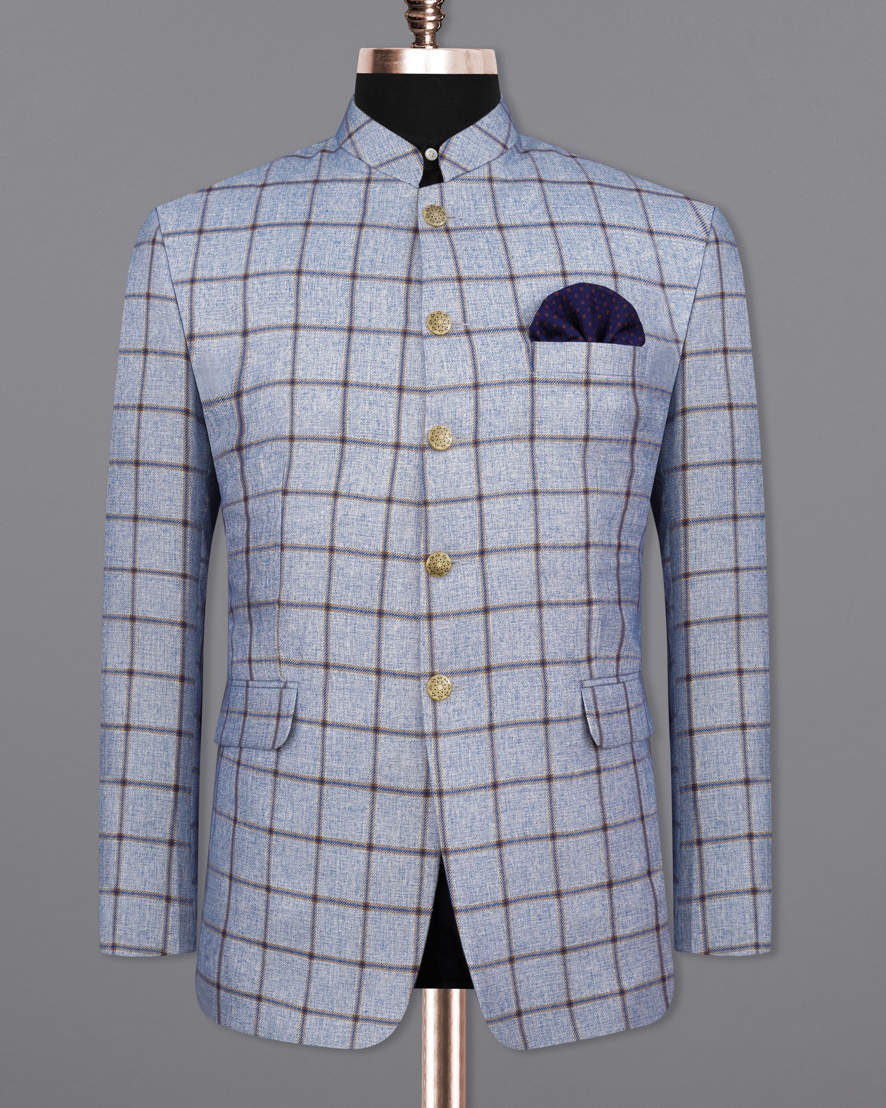 Spun Pearl Gray Checkered Bandhgala Blazer BL2140-BG-36, BL2140-BG-38, BL2140-BG-40, BL2140-BG-42, BL2140-BG-44, BL2140-BG-46, BL2140-BG-48, BL2140-BG-50, BL2140-BG-52, BL2140-BG-54, BL2140-BG-56, BL2140-BG-58, BL2140-BG-60