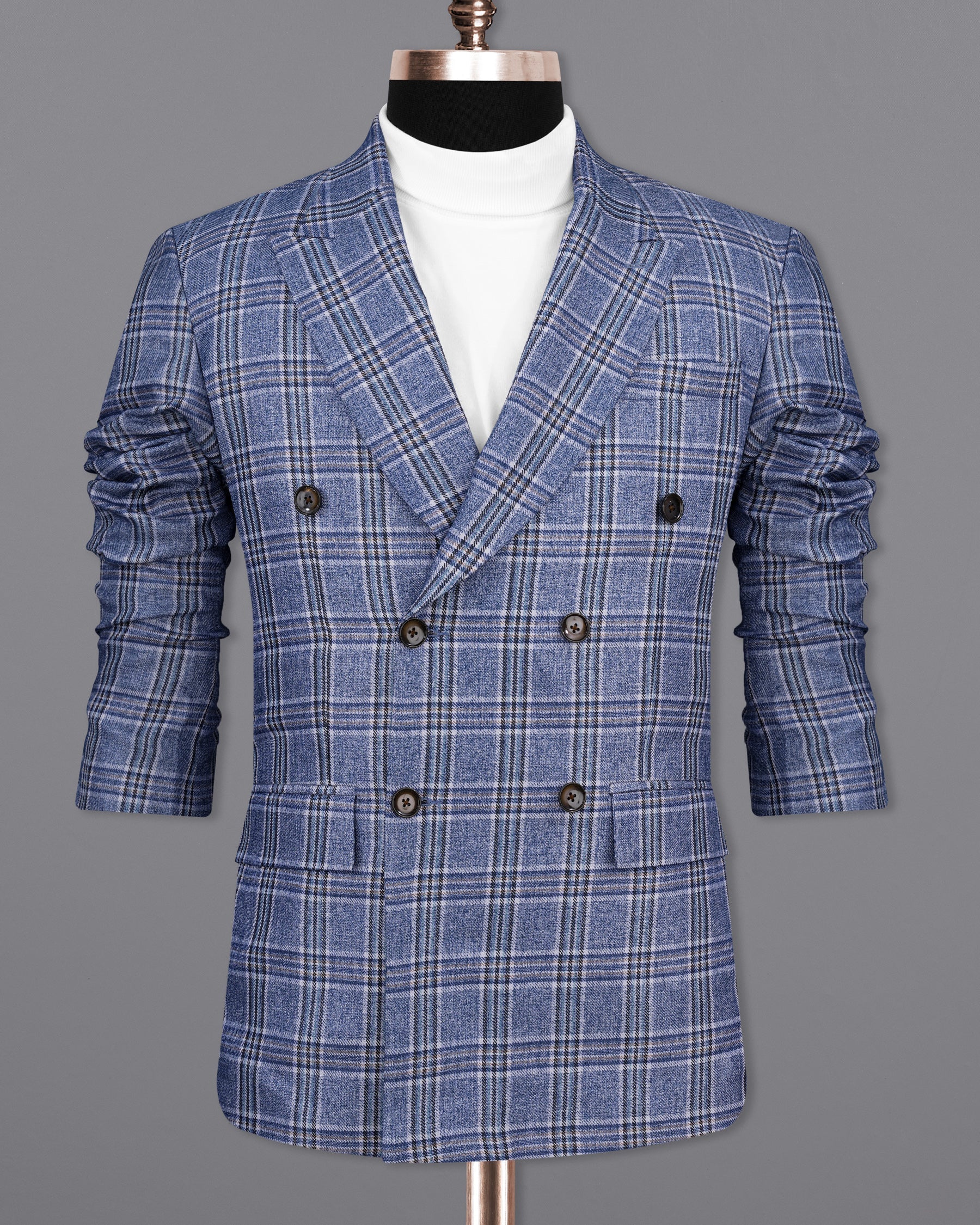 Bayoux Blue Plaid Double Breasted Blazer BL2143-DB-36, BL2143-DB-38, BL2143-DB-40, BL2143-DB-42, BL2143-DB-44, BL2143-DB-46, BL2143-DB-48, BL2143-DB-50, BL2143-DB-52, BL2143-DB-54, BL2143-DB-56, BL2143-DB-58, BL2143-DB-60