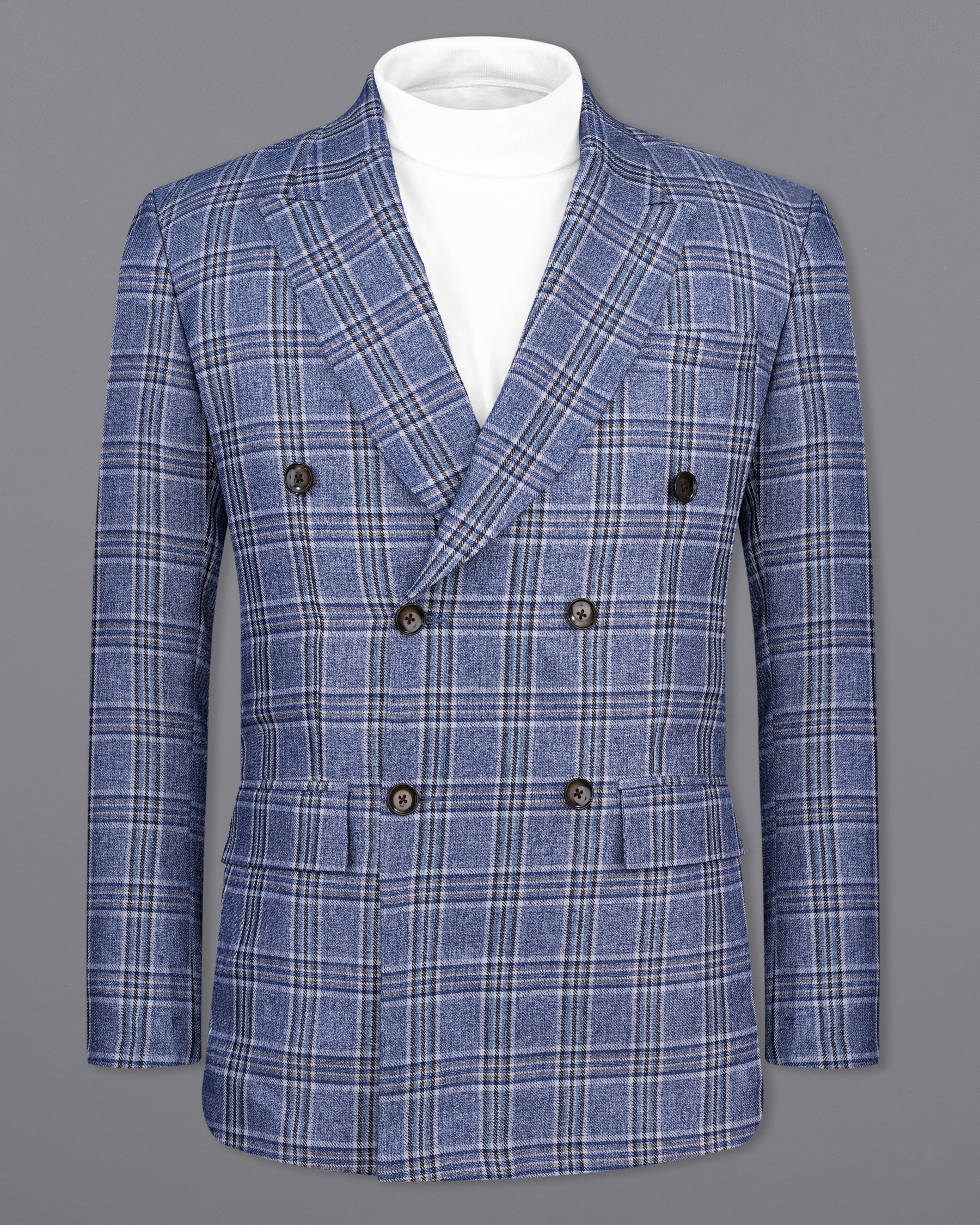 Bayoux Blue Plaid Double Breasted Blazer BL2143-DB-36, BL2143-DB-38, BL2143-DB-40, BL2143-DB-42, BL2143-DB-44, BL2143-DB-46, BL2143-DB-48, BL2143-DB-50, BL2143-DB-52, BL2143-DB-54, BL2143-DB-56, BL2143-DB-58, BL2143-DB-60