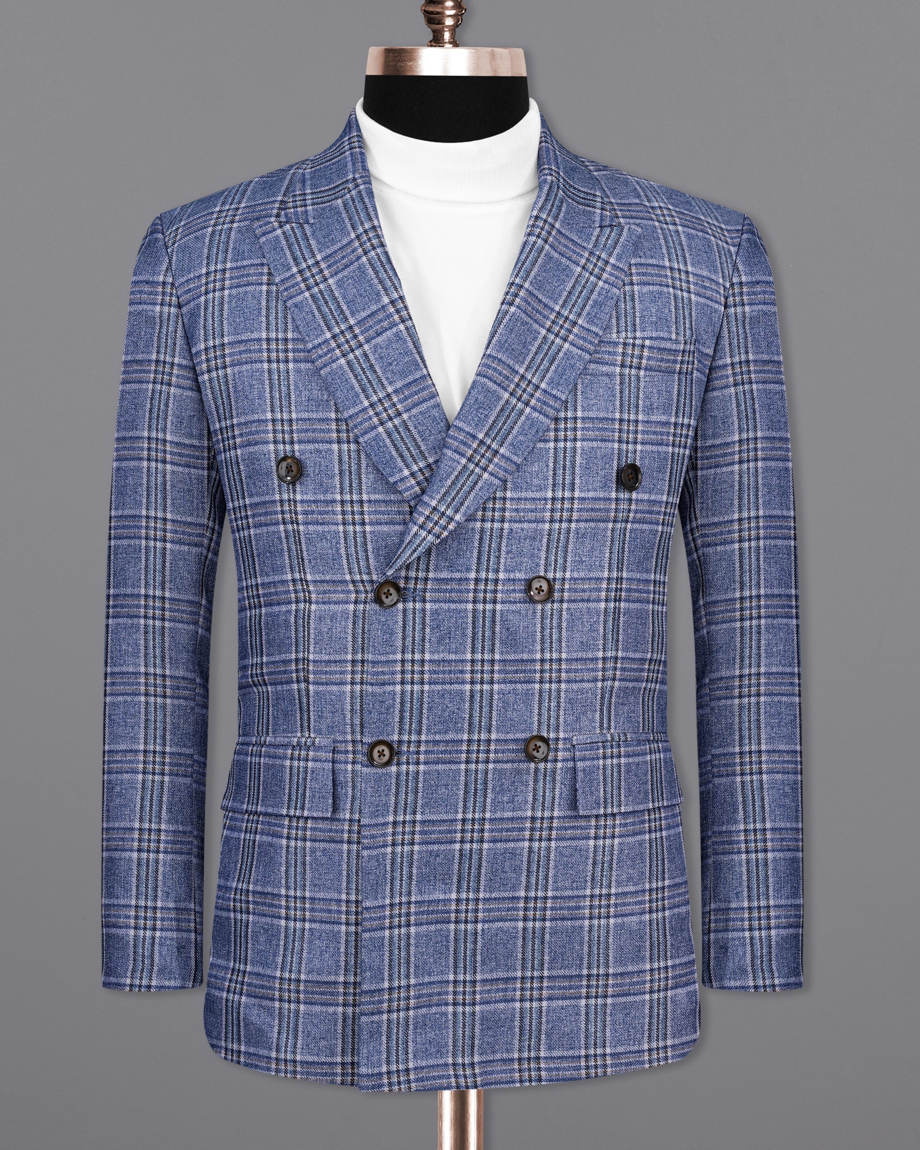 Bayoux Blue Plaid Double Breasted Blazer BL2143-DB-36, BL2143-DB-38, BL2143-DB-40, BL2143-DB-42, BL2143-DB-44, BL2143-DB-46, BL2143-DB-48, BL2143-DB-50, BL2143-DB-52, BL2143-DB-54, BL2143-DB-56, BL2143-DB-58, BL2143-DB-60