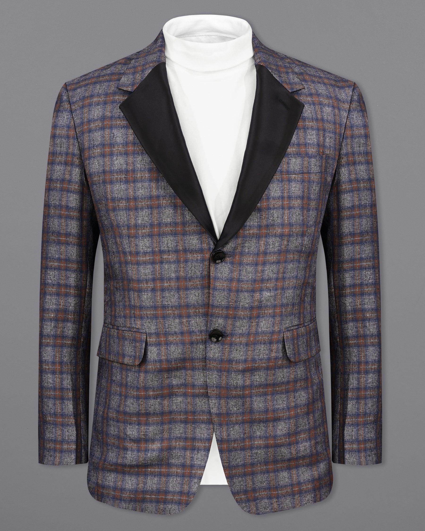 Fuscous Gray Checkered Single Breasted Black Lapel Designer Blazer BL2144-SB-BKPL-36, BL2144-SB-BKPL-38, BL2144-SB-BKPL-40, BL2144-SB-BKPL-42, BL2144-SB-BKPL-44, BL2144-SB-BKPL-46, BL2144-SB-BKPL-48, BL2144-SB-BKPL-50, BL2144-SB-BKPL-52, BL2144-SB-BKPL-54, BL2144-SB-BKPL-56, BL2144-SB-BKPL-58, BL2144-SB-BKPL-60