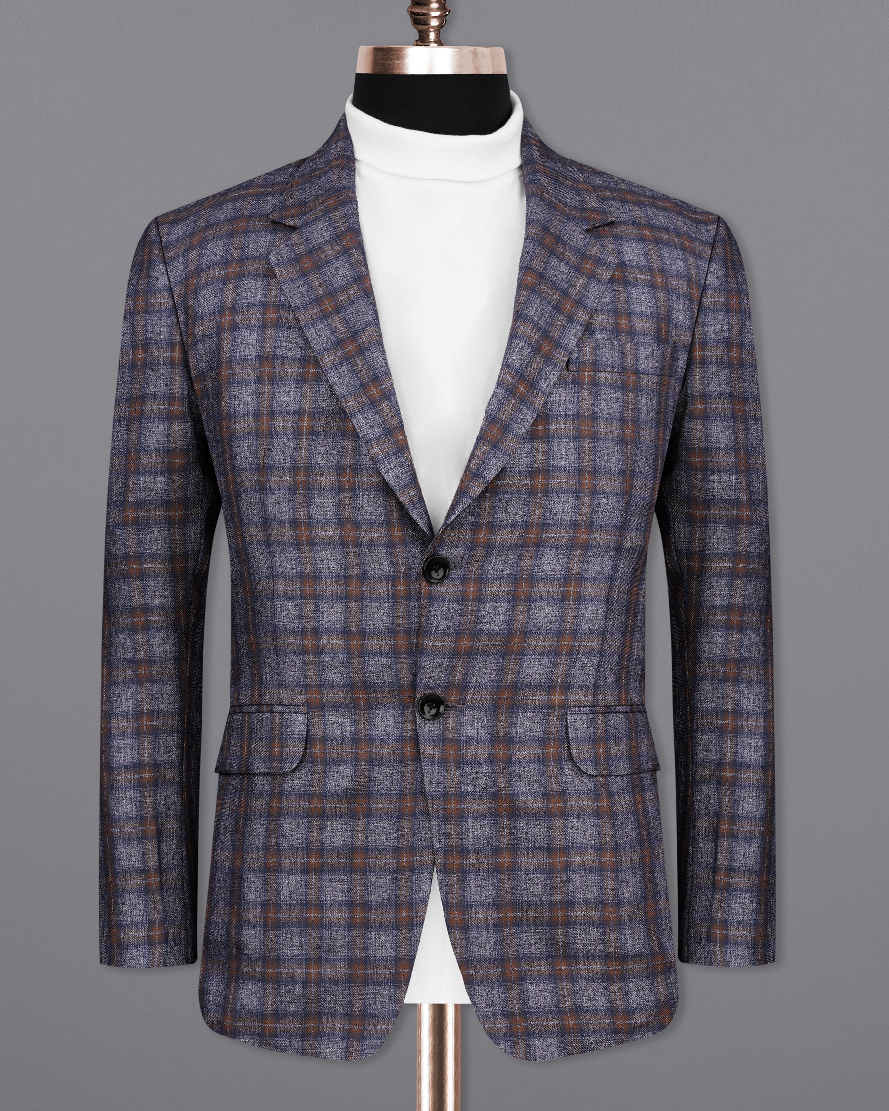 Martini Gray with Potters Brown Plaid Single Breasted Blazer BL2147-SB-36, BL2147-SB-38, BL2147-SB-40, BL2147-SB-42, BL2147-SB-44, BL2147-SB-46, BL2147-SB-48, BL2147-SB-50, BL2147-SB-52, BL2147-SB-54, BL2147-SB-56, BL2147-SB-58, BL2147-SB-60