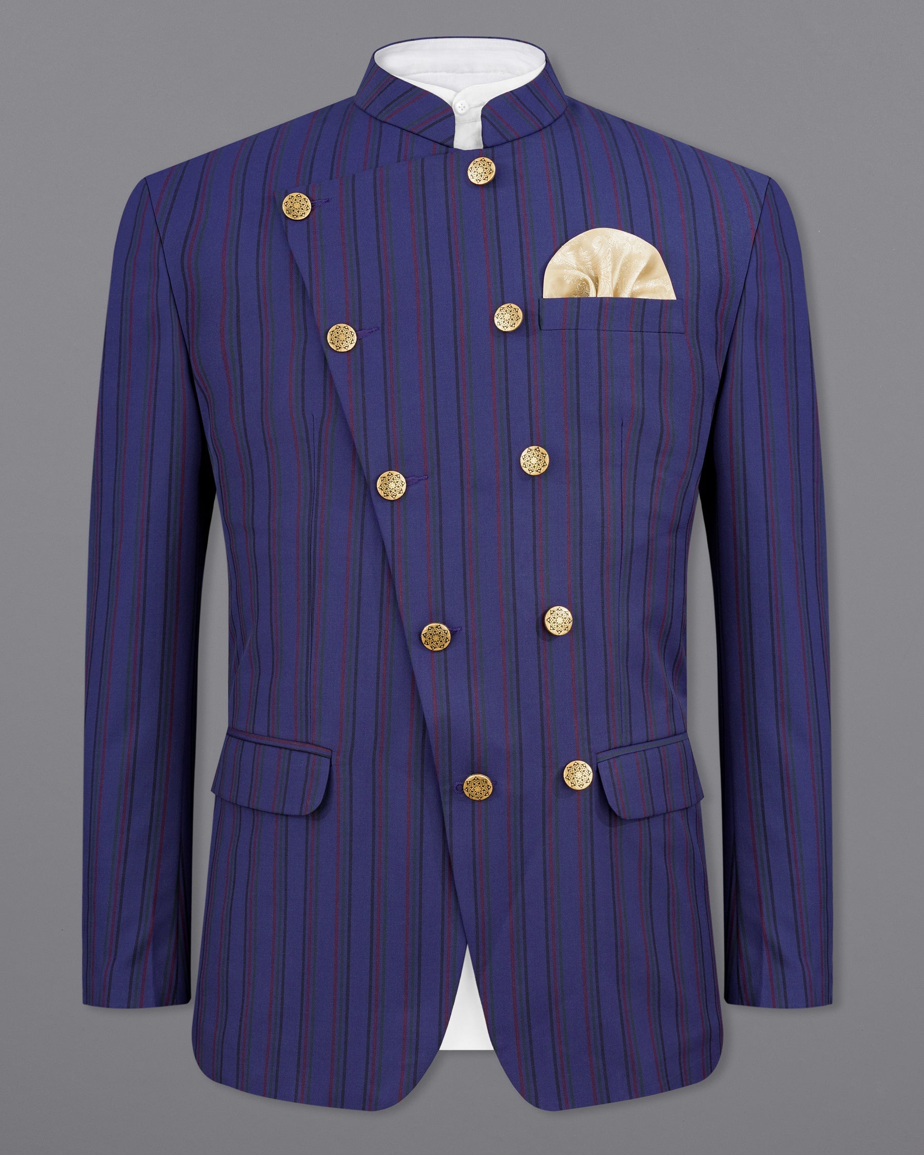 Violent Navy Blue Multicolour Striped Cross Buttoned Bandhgala Blazer BL2152-CBG3-36, BL2152-CBG3-38, BL2152-CBG3-40, BL2152-CBG3-42, BL2152-CBG3-44, BL2152-CBG3-46, BL2152-CBG3-48, BL2152-CBG3-50, BL2152-CBG3-52, BL2152-CBG3-54, BL2152-CBG3-56, BL2152-CBG3-58, BL2152-CBG3-60