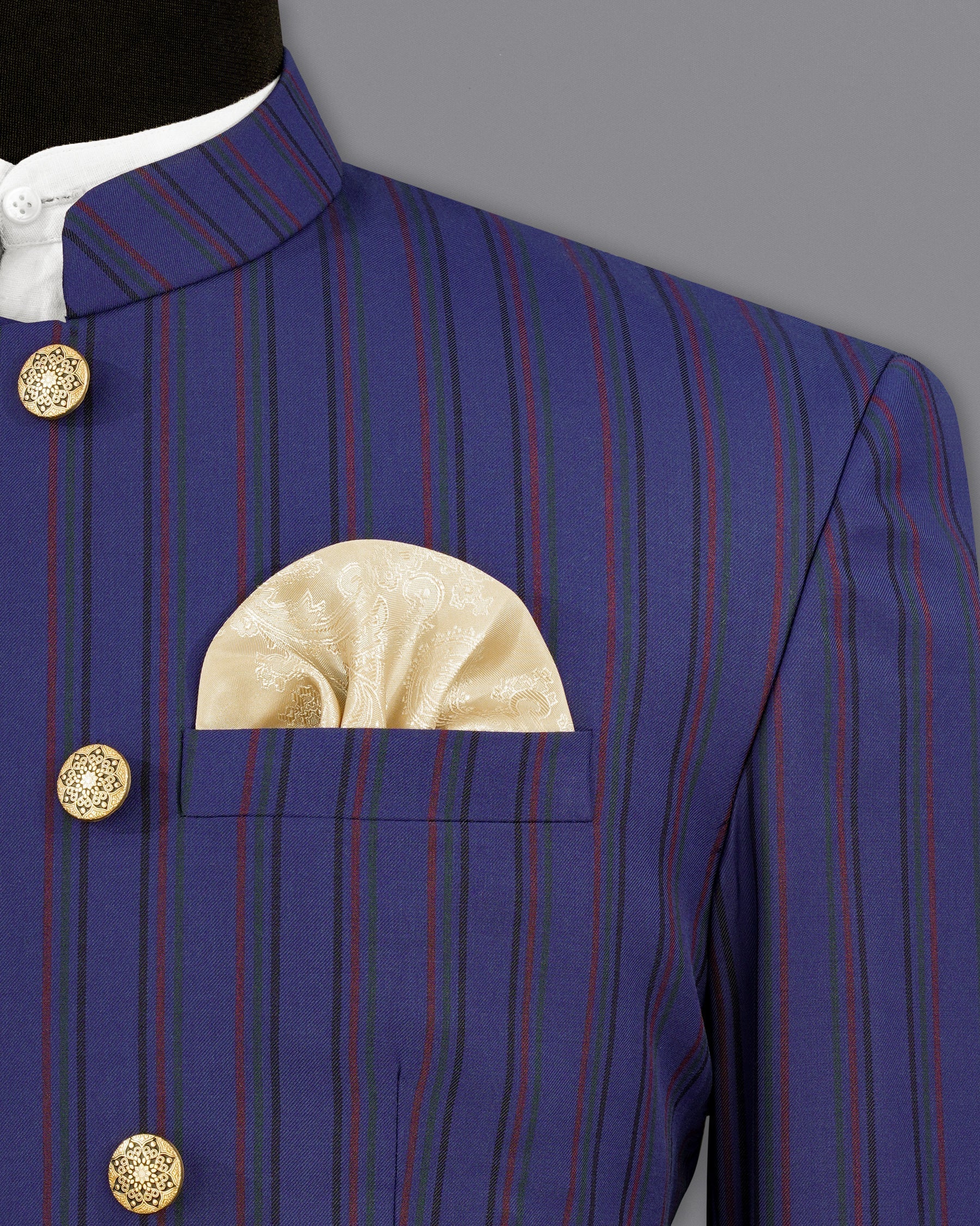 Violent Navy Blue Multicolour Striped Cross Buttoned Bandhgala Blazer BL2152-CBG3-36, BL2152-CBG3-38, BL2152-CBG3-40, BL2152-CBG3-42, BL2152-CBG3-44, BL2152-CBG3-46, BL2152-CBG3-48, BL2152-CBG3-50, BL2152-CBG3-52, BL2152-CBG3-54, BL2152-CBG3-56, BL2152-CBG3-58, BL2152-CBG3-60