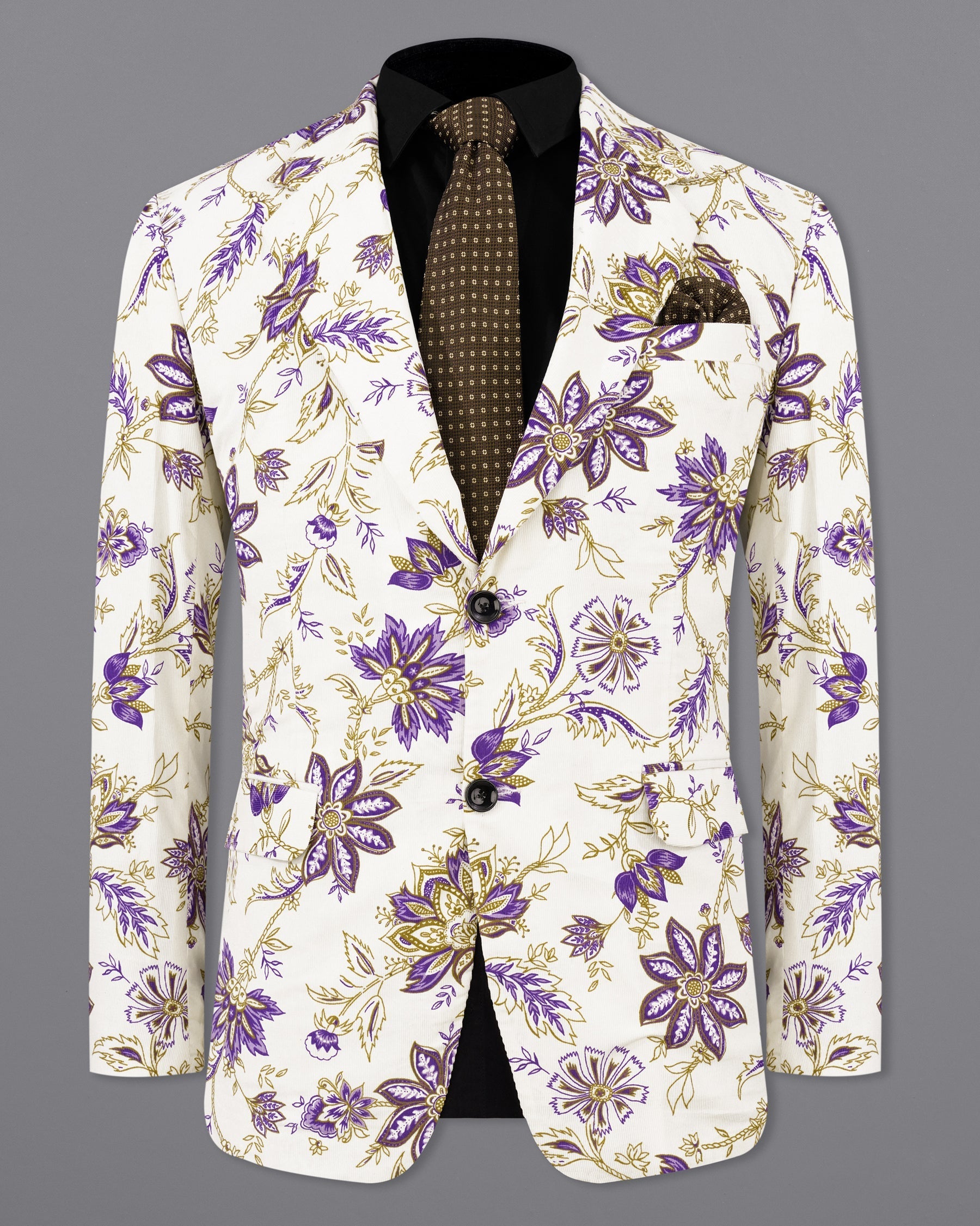 Desert Storm Cream with Eminence Blue Leaves Printed Premium Cotton Designer Blazer BL2165-SB-36, BL2165-SB-38, BL2165-SB-40, BL2165-SB-42, BL2165-SB-44, BL2165-SB-46, BL2165-SB-48, BL2165-SB-50, BL2165-SB-52, BL2165-SB-54, BL2165-SB-56, BL2165-SB-58, BL2165-SB-60