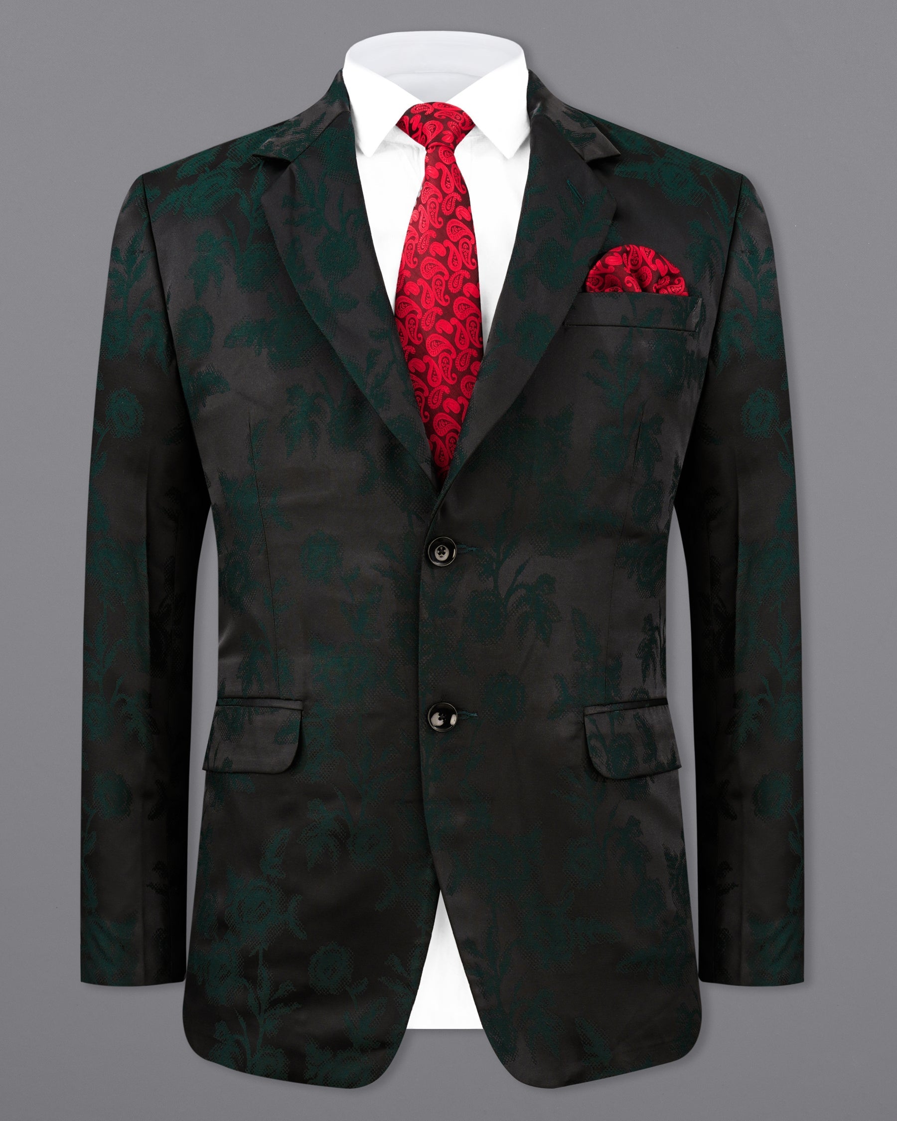 Zeus Black and Holly Dark Green Floral Printed Single Breasted Designer Blazer BL2168-SB-36 , BL2168-SB-38, BL2168-SB-40, BL2168-SB-42, BL2168-SB-44, BL2168-SB-46, BL2168-SB-48, BL2168-SB-50, BL2168-SB-52, BL2168-SB-54, BL2168-SB-56, BL2168-SB-58, BL2168-SB-60