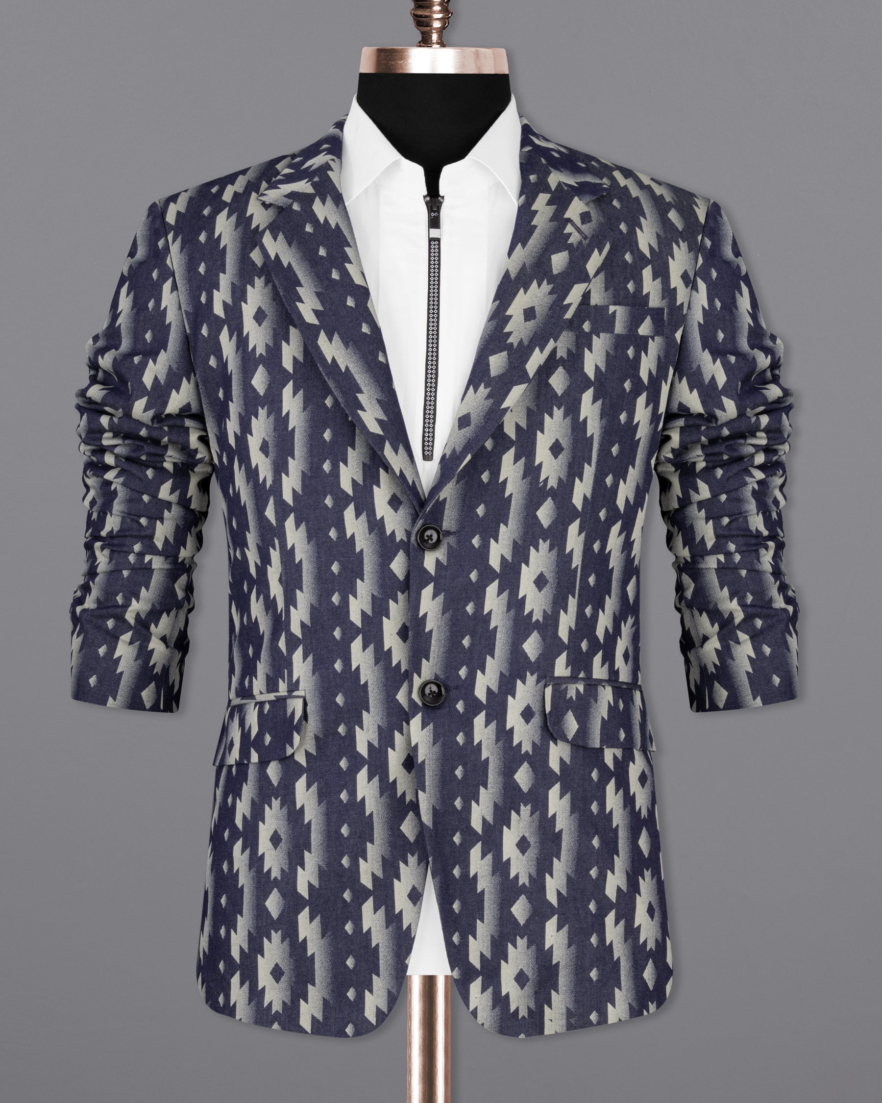 Gunmetal Blue with Nobel Cream Iktat Printed Denim Designer Blazer BL2183-SB-36, BL2183-SB-38, BL2183-SB-40, BL2183-SB-42, BL2183-SB-44, BL2183-SB-46, BL2183-SB-48, BL2183-SB-50, BL2183-SB-52, BL2183-SB-54, BL2183-SB-56, BL2183-SB-58, BL2183-SB-60