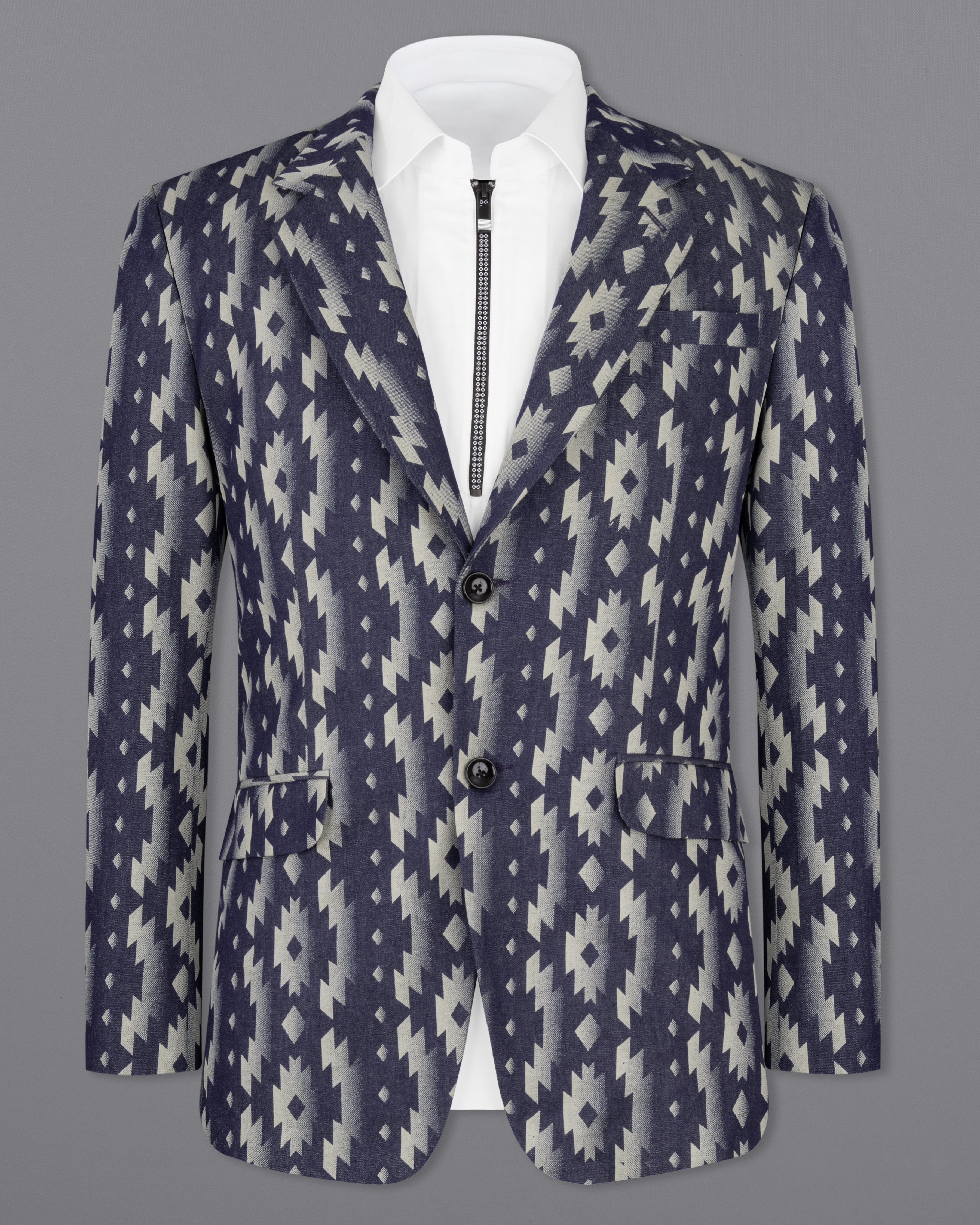 Gunmetal Blue with Nobel Cream Iktat Printed Denim Designer Blazer BL2183-SB-36, BL2183-SB-38, BL2183-SB-40, BL2183-SB-42, BL2183-SB-44, BL2183-SB-46, BL2183-SB-48, BL2183-SB-50, BL2183-SB-52, BL2183-SB-54, BL2183-SB-56, BL2183-SB-58, BL2183-SB-60