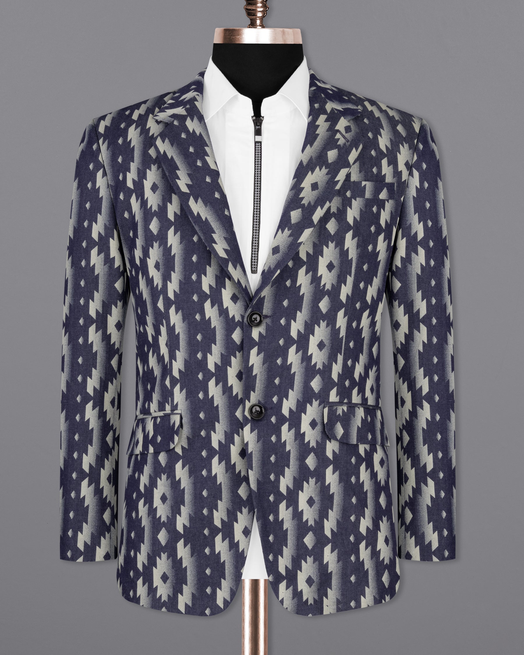 Gunmetal Blue with Nobel Cream Iktat Printed Denim Designer Blazer BL2183-SB-36, BL2183-SB-38, BL2183-SB-40, BL2183-SB-42, BL2183-SB-44, BL2183-SB-46, BL2183-SB-48, BL2183-SB-50, BL2183-SB-52, BL2183-SB-54, BL2183-SB-56, BL2183-SB-58, BL2183-SB-60